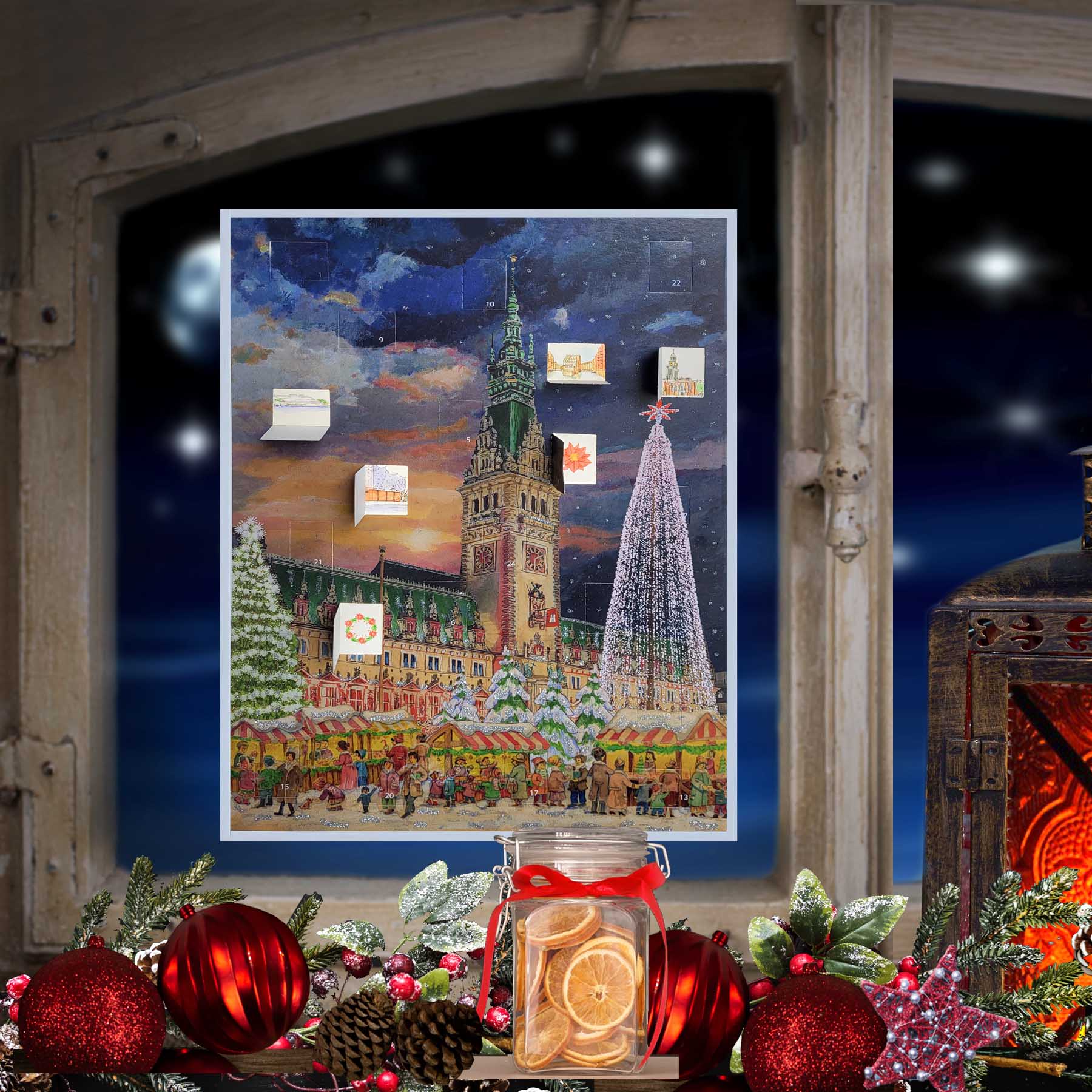 Adventskalender Hamburg Rathaus am Fenster hängend