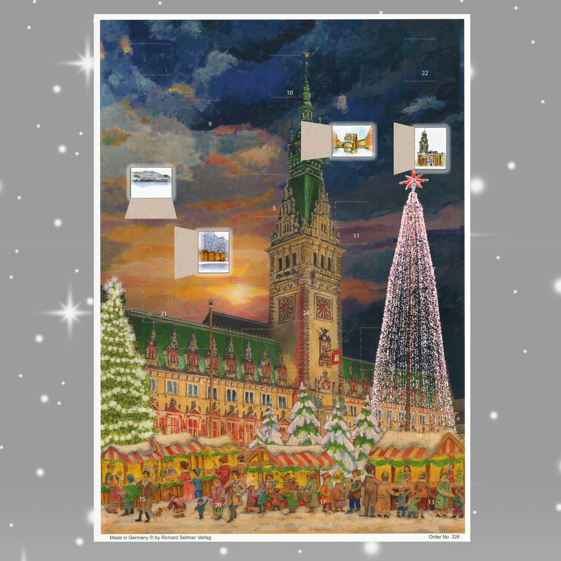 Adventskalender Hamburg Rathaus mit einigen geöffneten Türchen