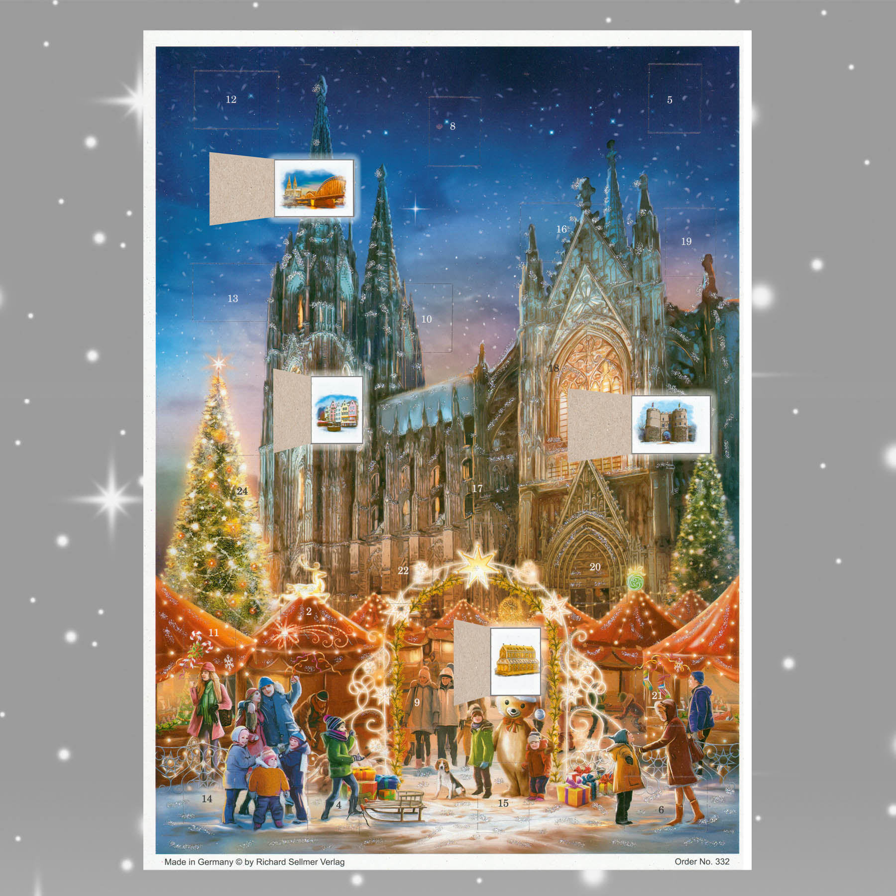 Adventskalender Köln mit einigen geöffneten Türchen