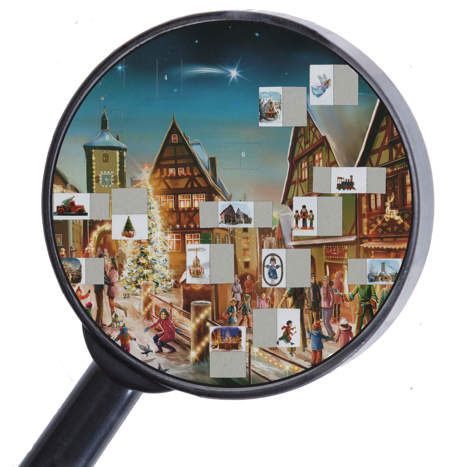 Adventskalender Rothenburg mit einigen geöffneten Türchen