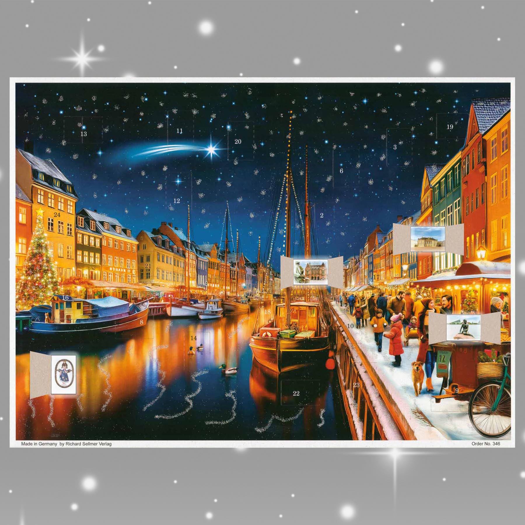 Adventskalender Kopenhagen mit einigen geöffneten Türchen