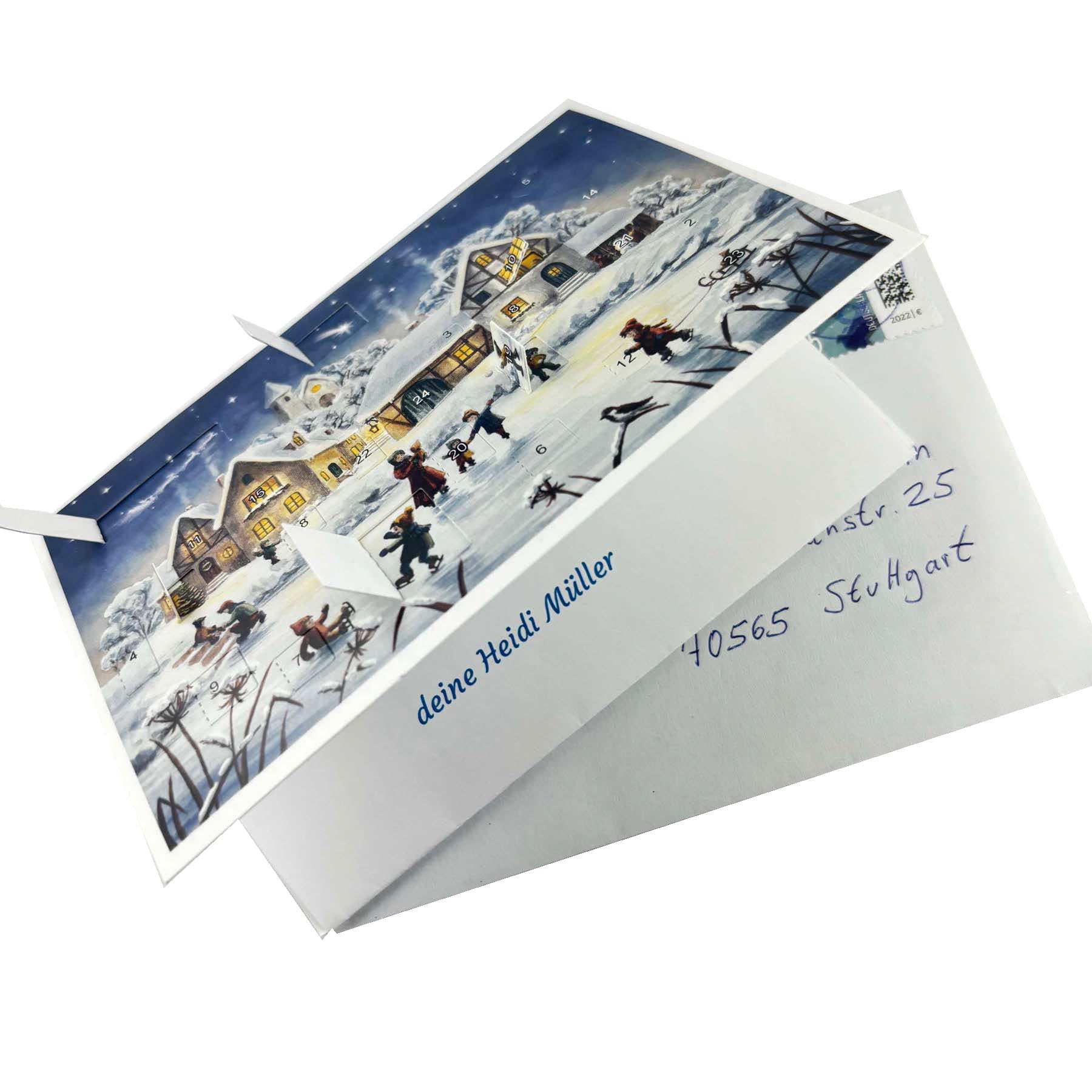 Adventskalender Eislauffreuden mit geöffneten Türchen