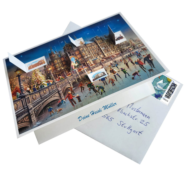 Postkarten-Adventskalender "Schweriner Schloß" mit Briefumschlag und Widmung