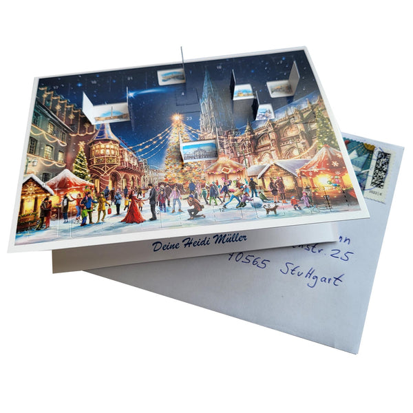 Postkarten-Adventskalender Freiburg mit Briefumschlag und Widmung