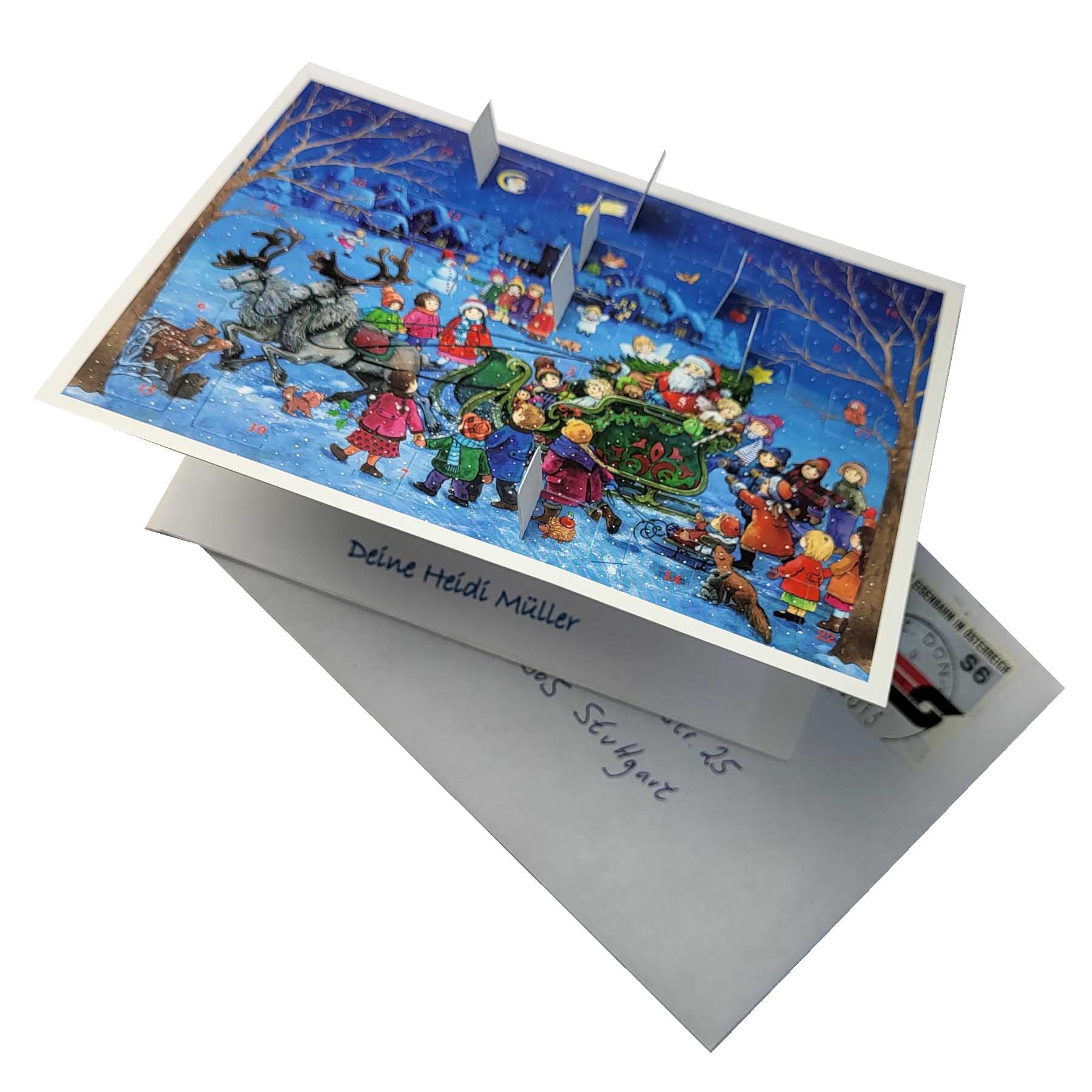 Postkarten-Adventskalender Schlittenfahrt mit geöffneten Türchen