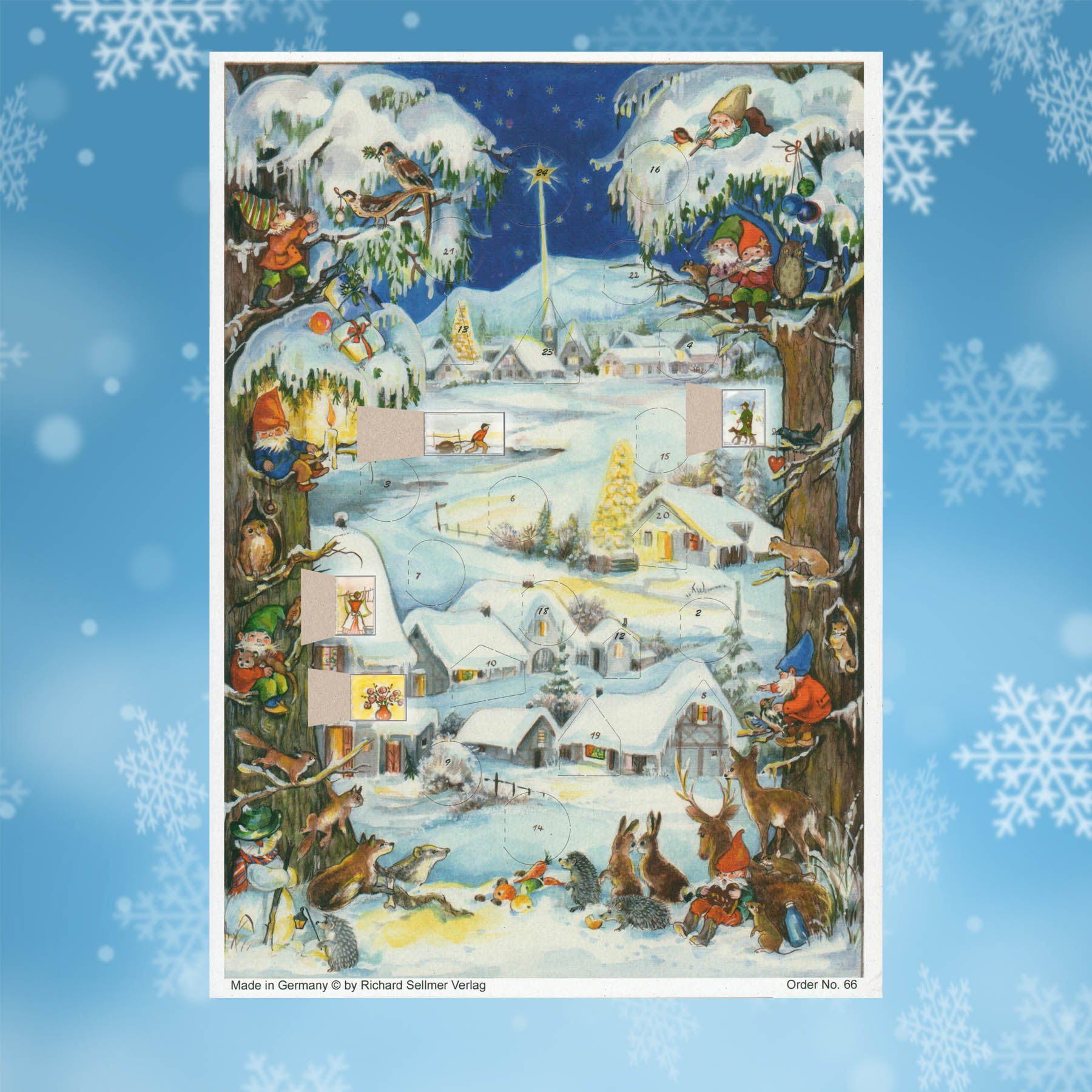 Adventskalender winterliches Dorf mit einigen geöffneten Türchen