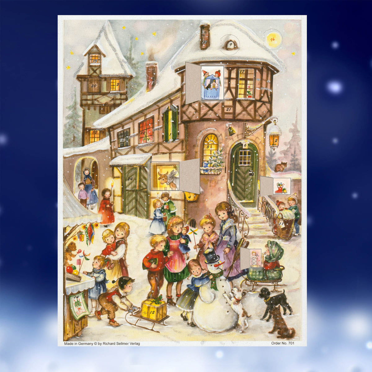 Adventskalender Freude im Schnee mit einigen geöffneten Türchen