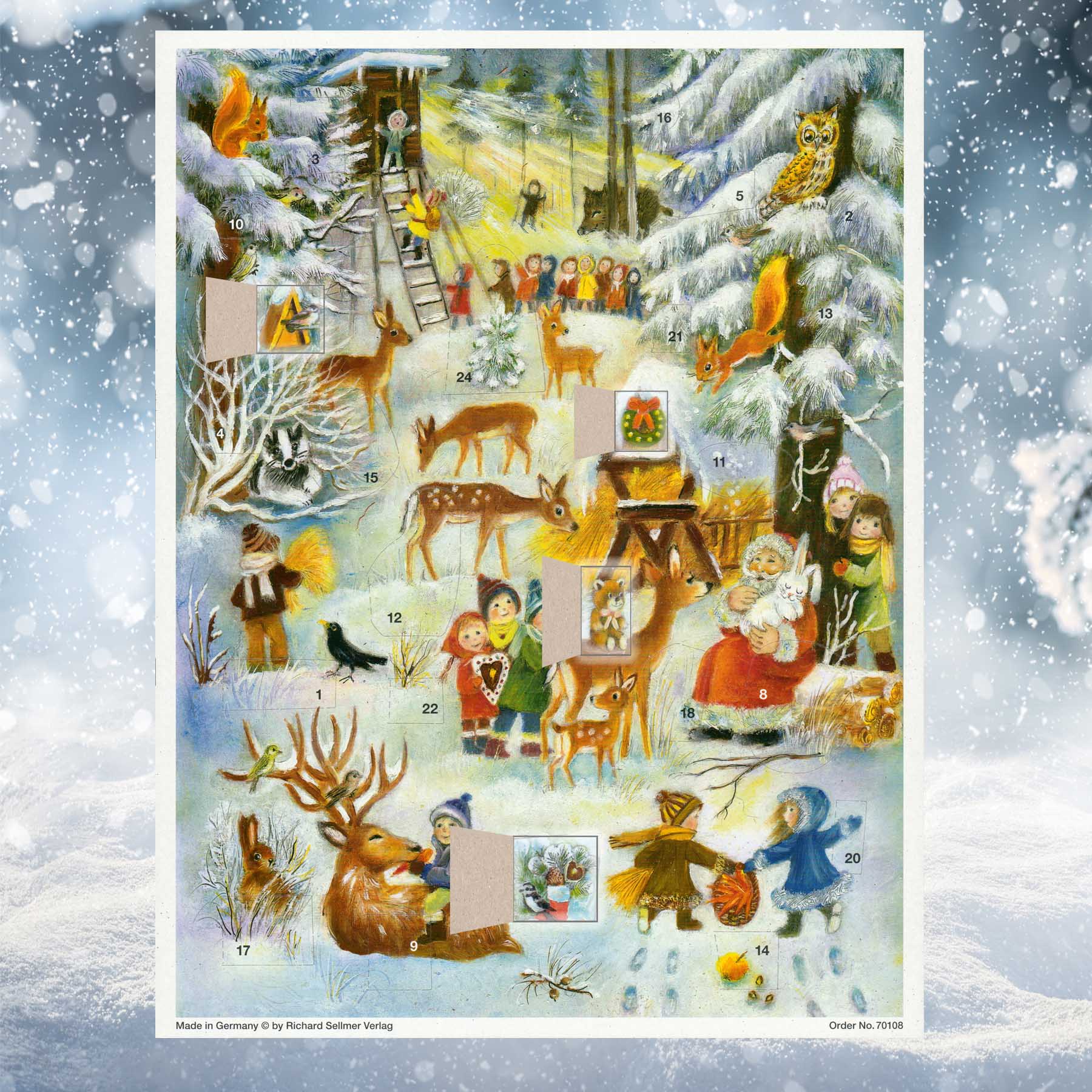 Adventskalender Weihnachten im Wald mit einigen geöffneten Türchen
