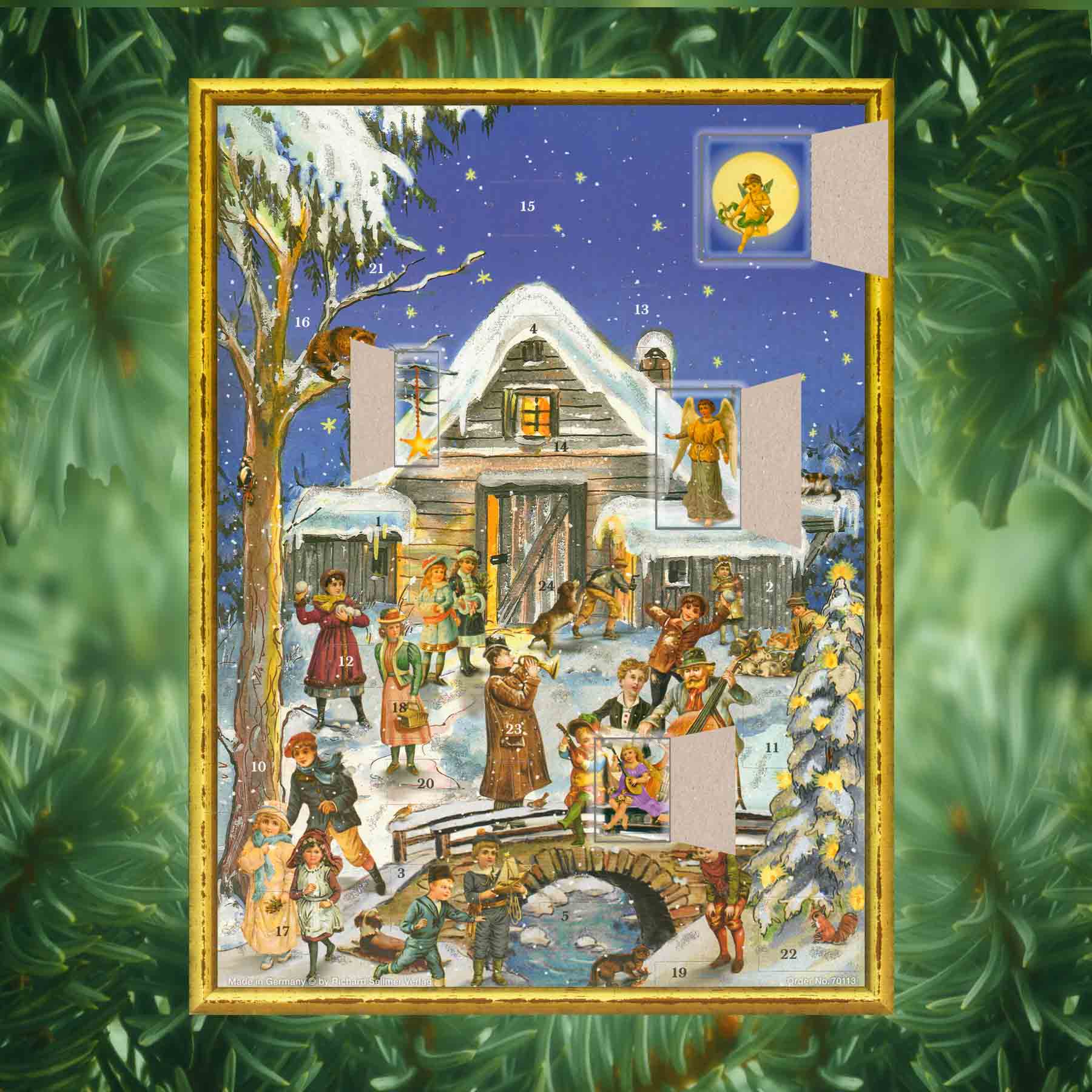 Adventskalender Musikanten mit einigen geöffneten Türchen