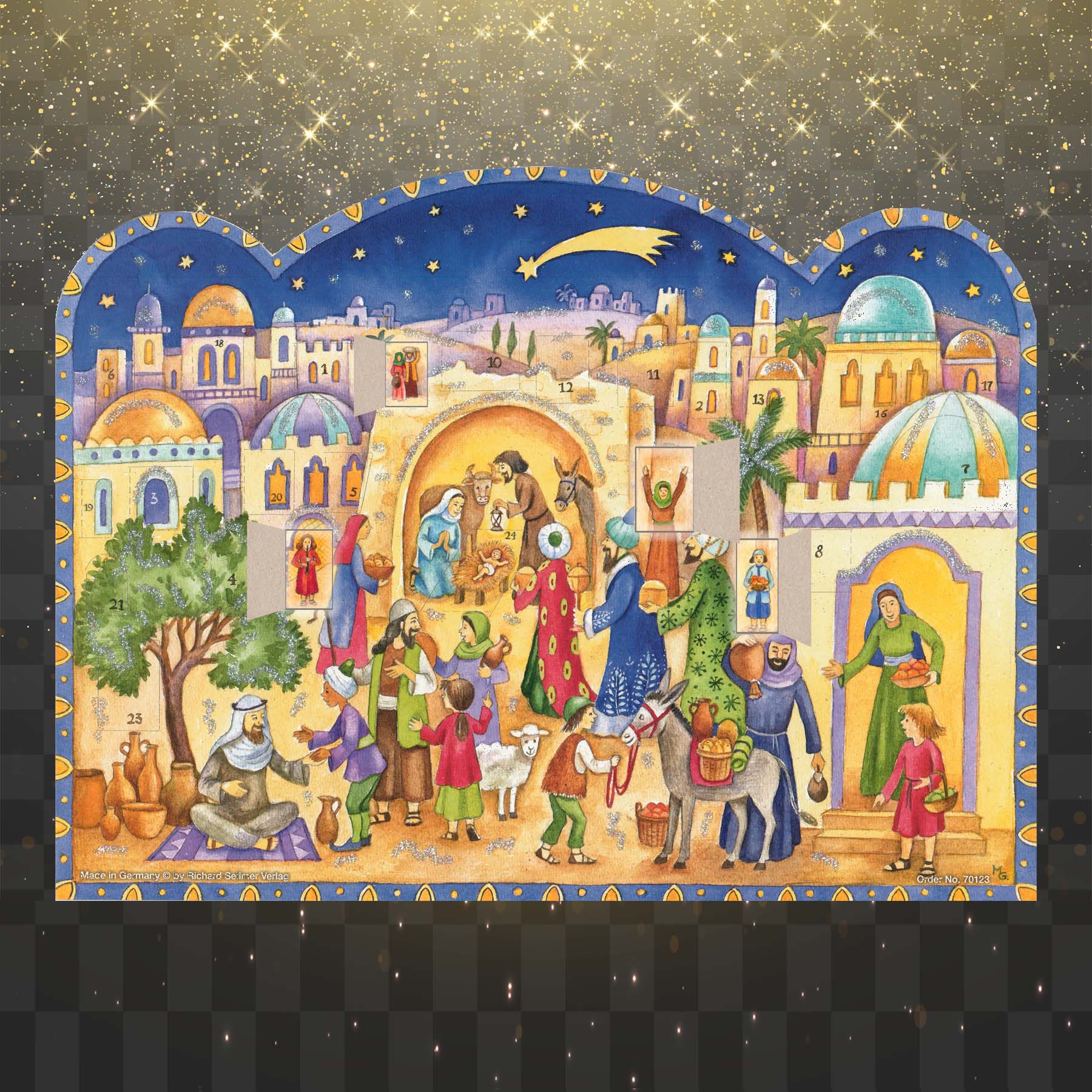 Adventskalender Kommt und seht das Kind mit einigen geöffneten Türchen