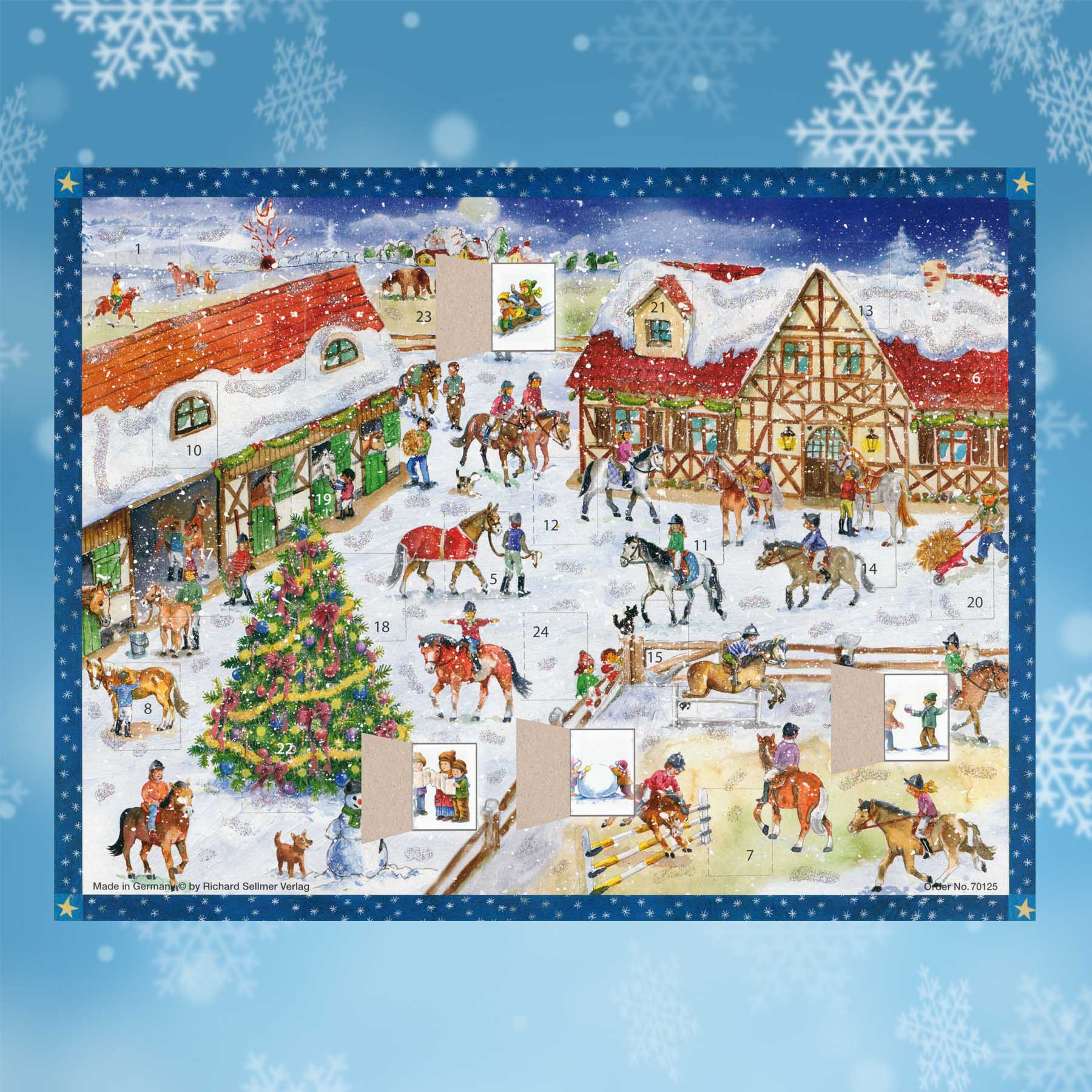 Adventskalender Weihnachten auf dem Bauernhof mit einigen geöffneten Türchen
