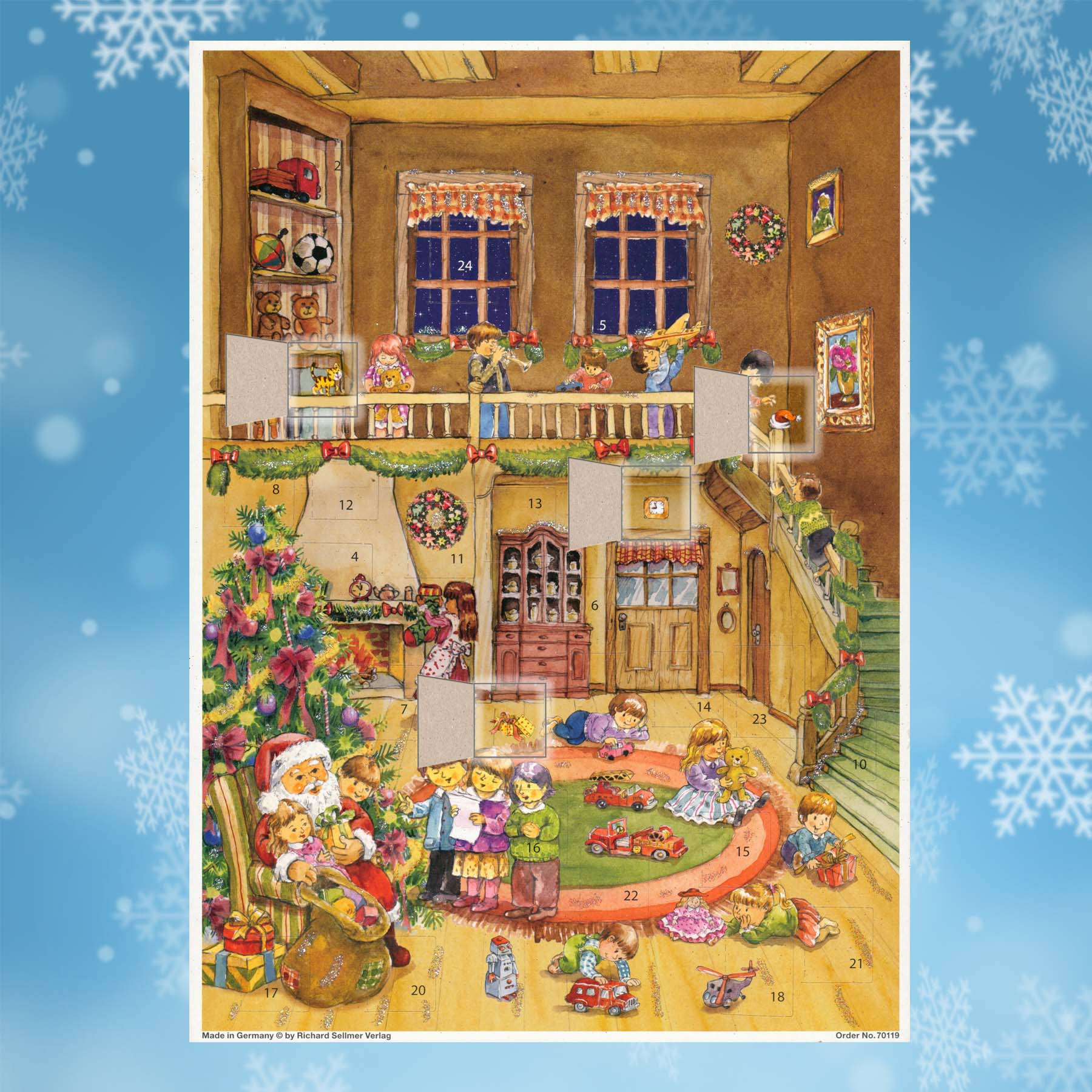 Adventskalender Geschenke vom Weihnachtsmann mit einigen geöffneten Türchen