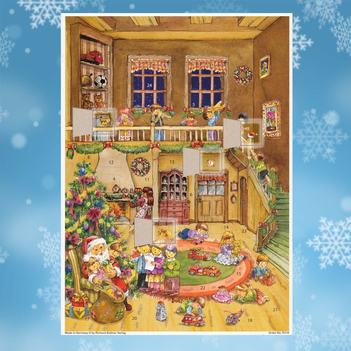 Adventskalender Geschenke vom Weihnachtsmann mit einigen geöffneten Türchen miniaturansicht