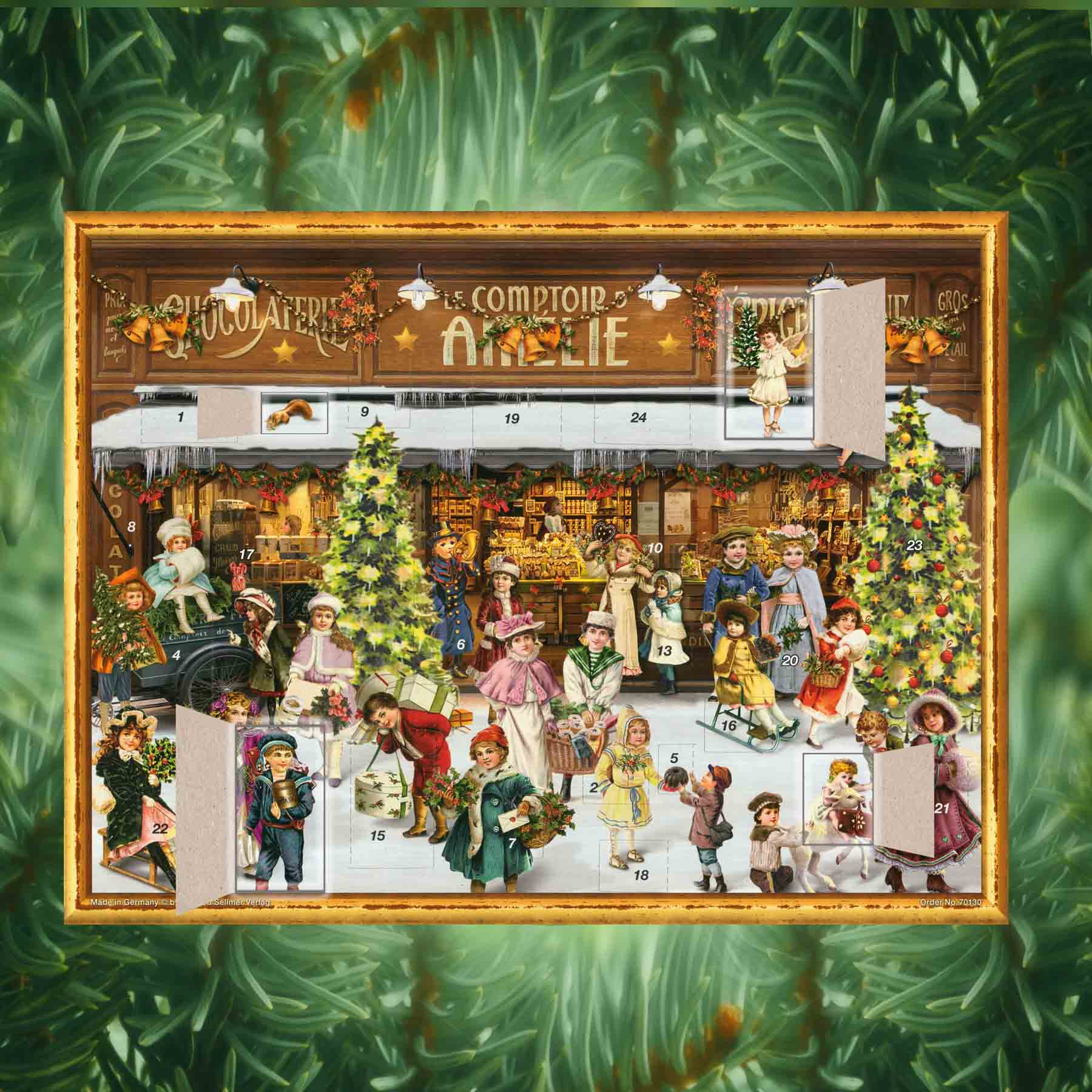 Adventskalender viktorianischer Laden mit einigen geöffneten Türchen
