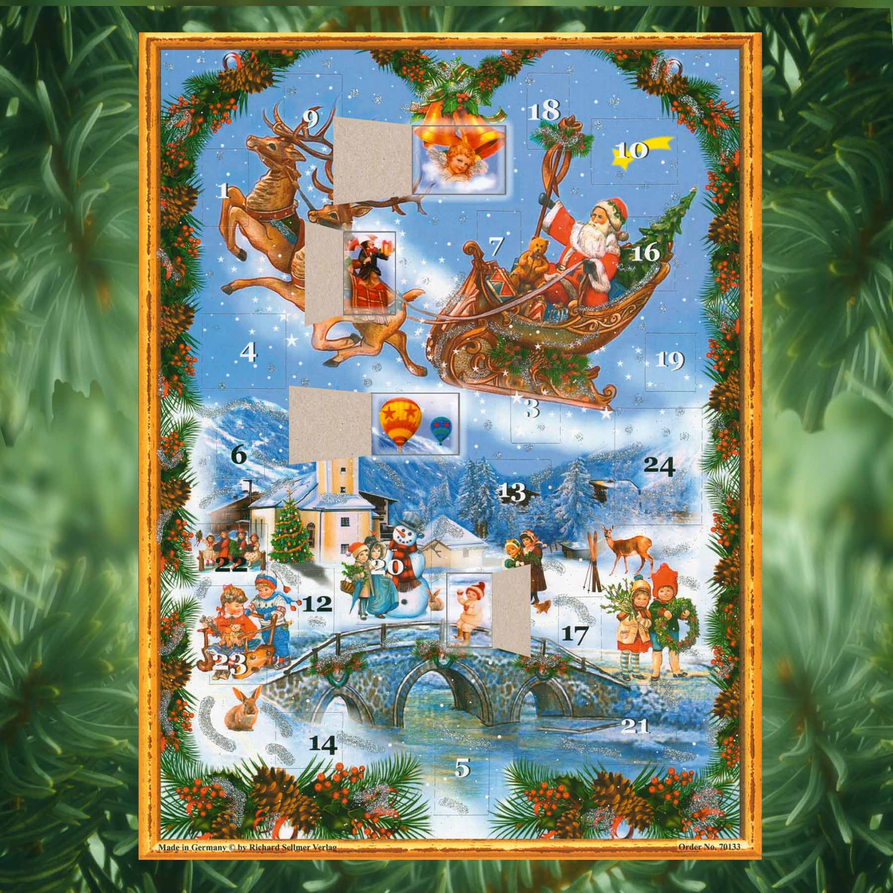 Adventskalender Weihnachtsmann im Schlitten mit einigen geöffneten Türchen