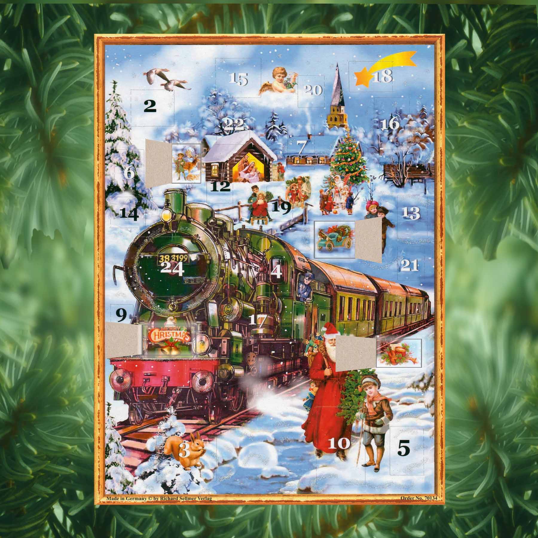 Adventskalender Eisenbahn im Schnee mit einigen geöffneten Türchen