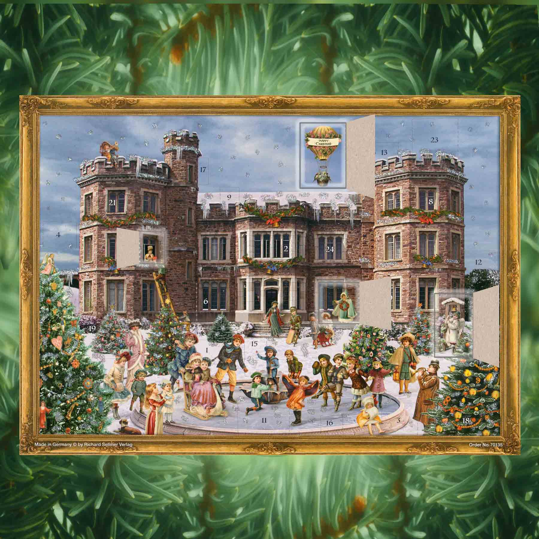 Adventskalender Landschloss mit einigen geöffneten Türchen