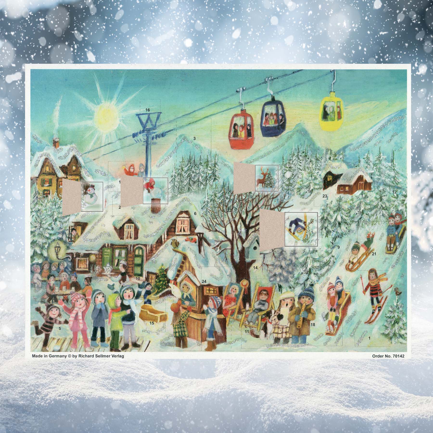 Adventskalender im Skigebiet mit einigen geöffneten Türchen