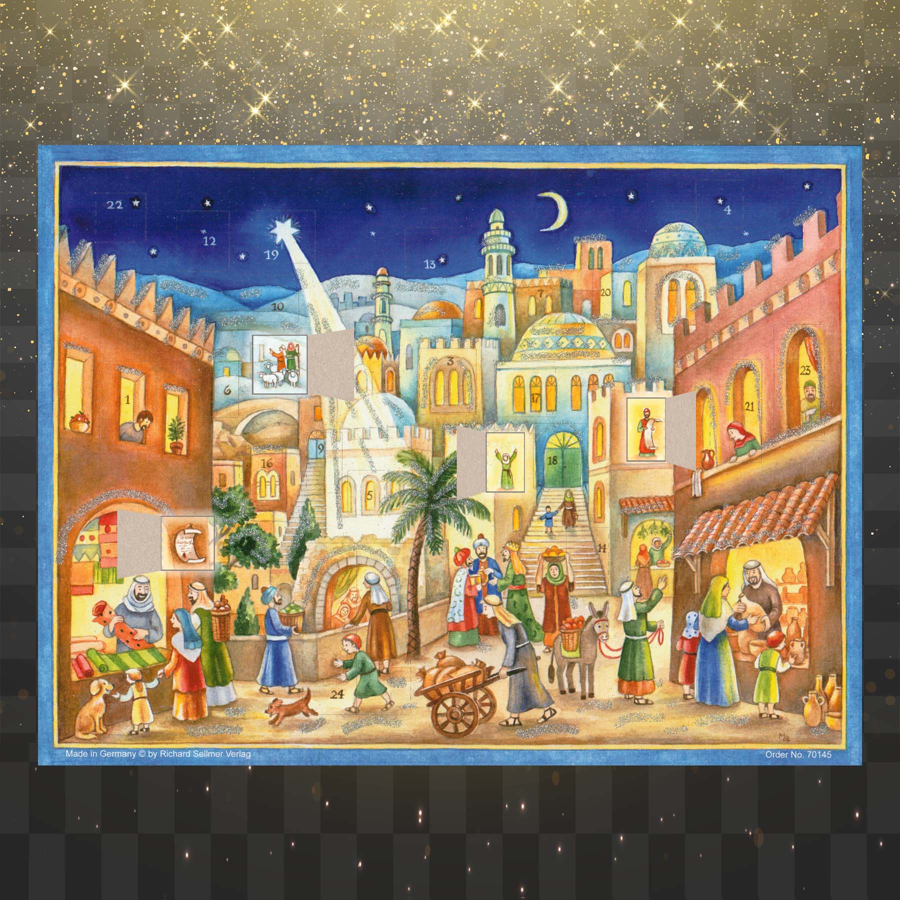 Adventskalender Bethlehem mit einigen geöffneten Türchen