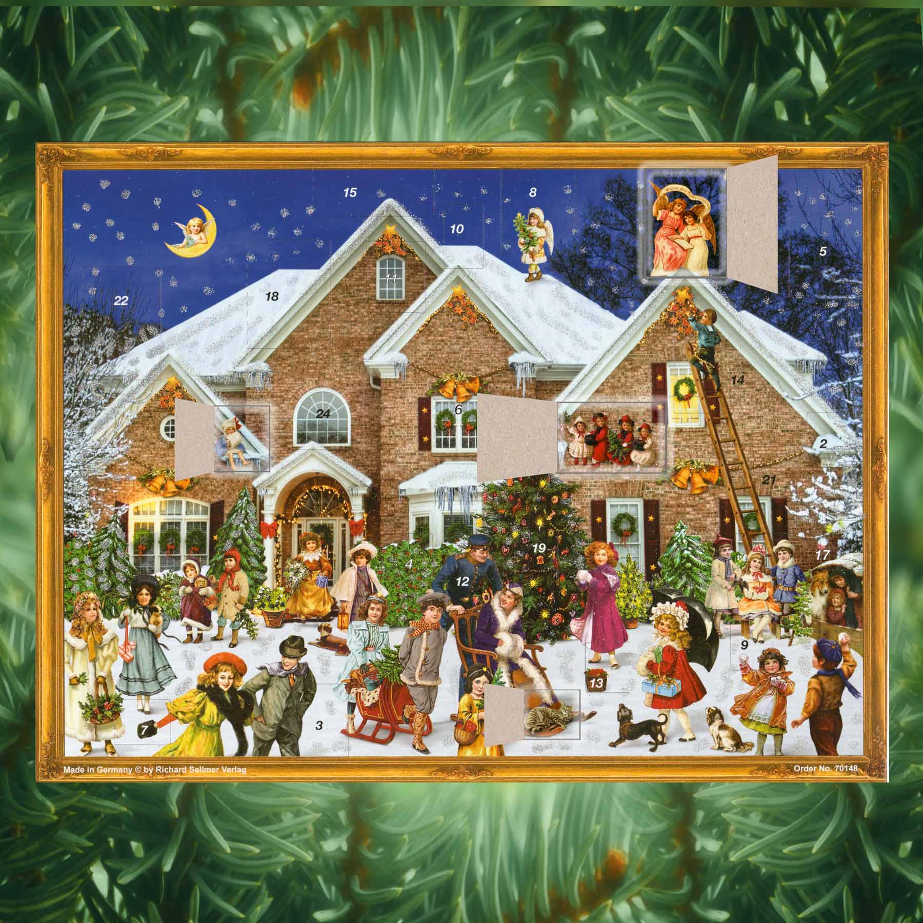 Adventskalender Viktorianisches Haus mit einigen geöffneten Türchen