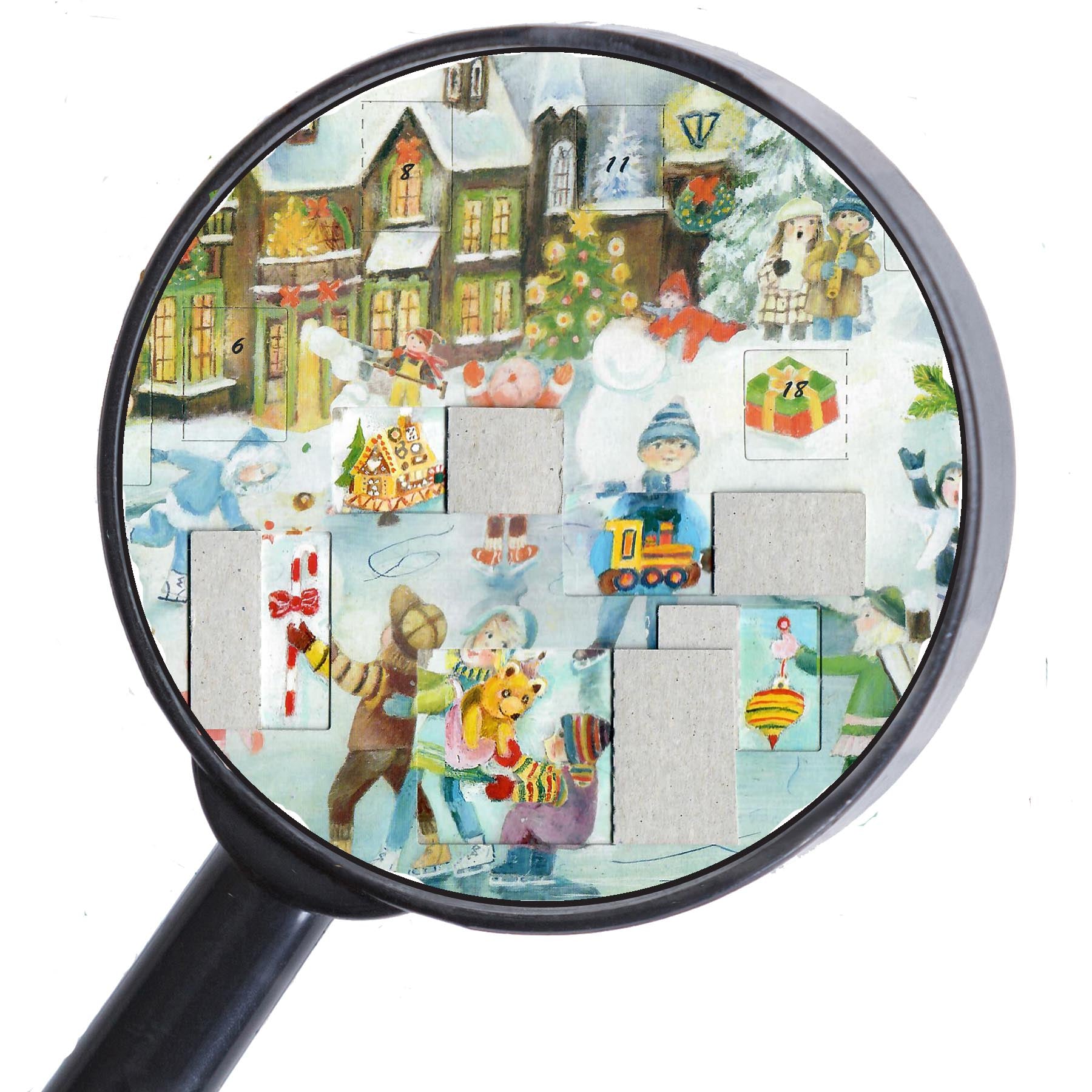 Adventskalender "Eislauffreuden" mit einigen geöffneten Türchen thumbnail