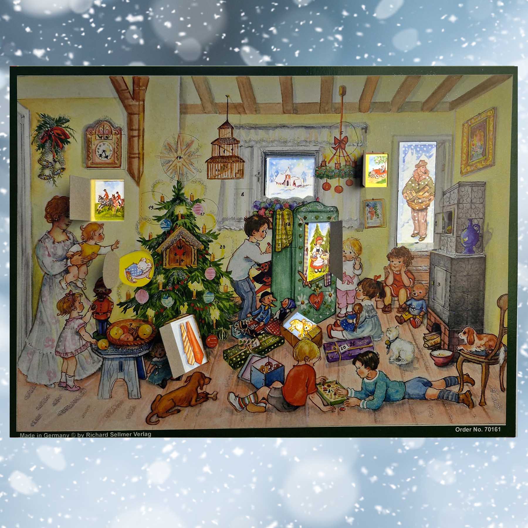 Adventskalender "Bescherung" mit einigen geöffneten Türchen