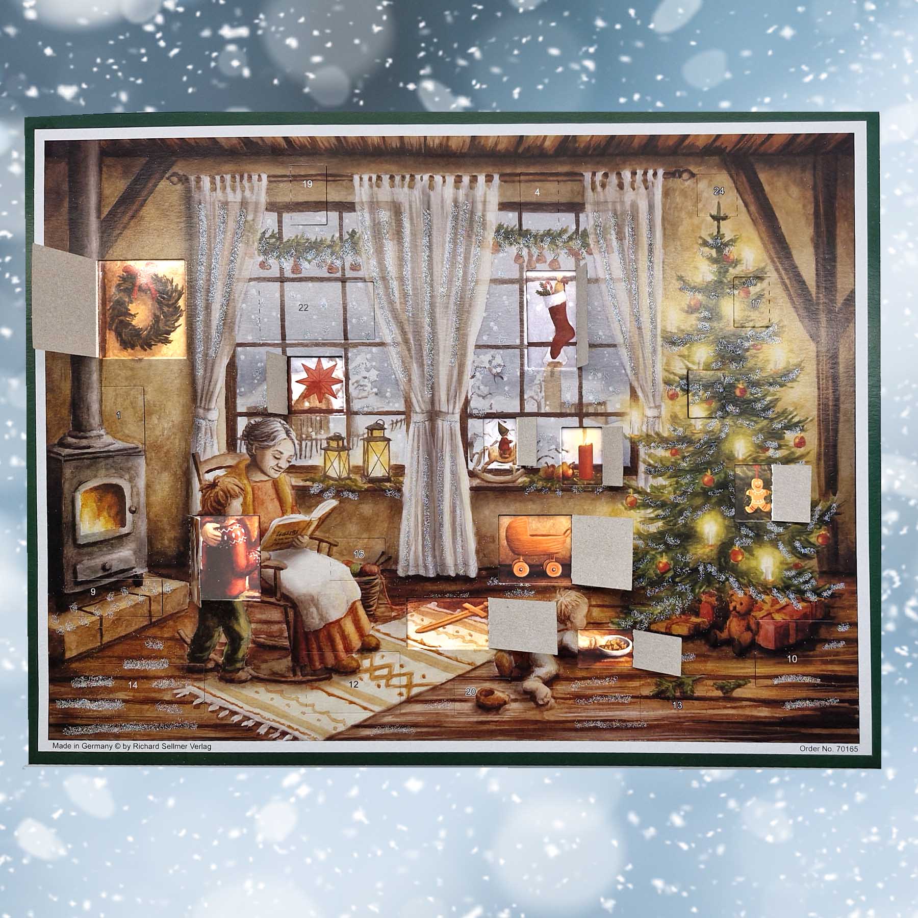 Adventskalender Oma mit einigen geöffneten Türchen