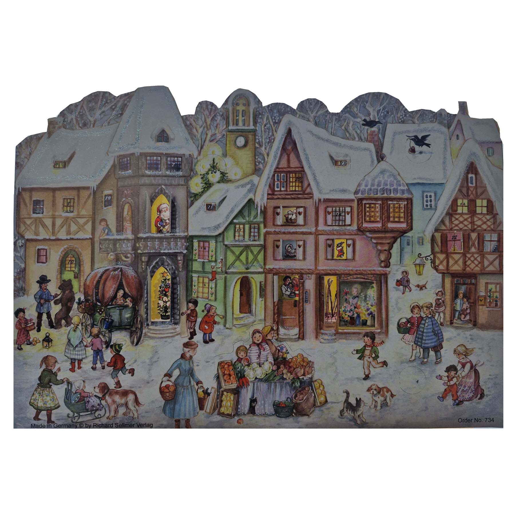 Adventskalender Marktplatz mit leuchtenden Türchen