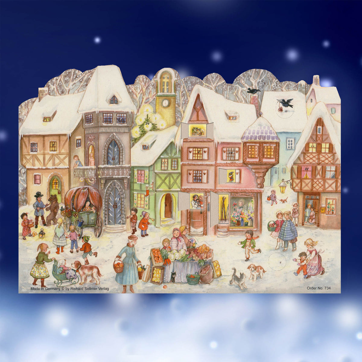 Adventskalender Marktplatz mit einigen geöffneten Türchen