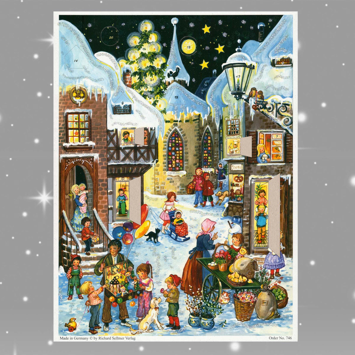 Adventskalender Wir gehen auf den Markt mit einigen geöffneten Türchen