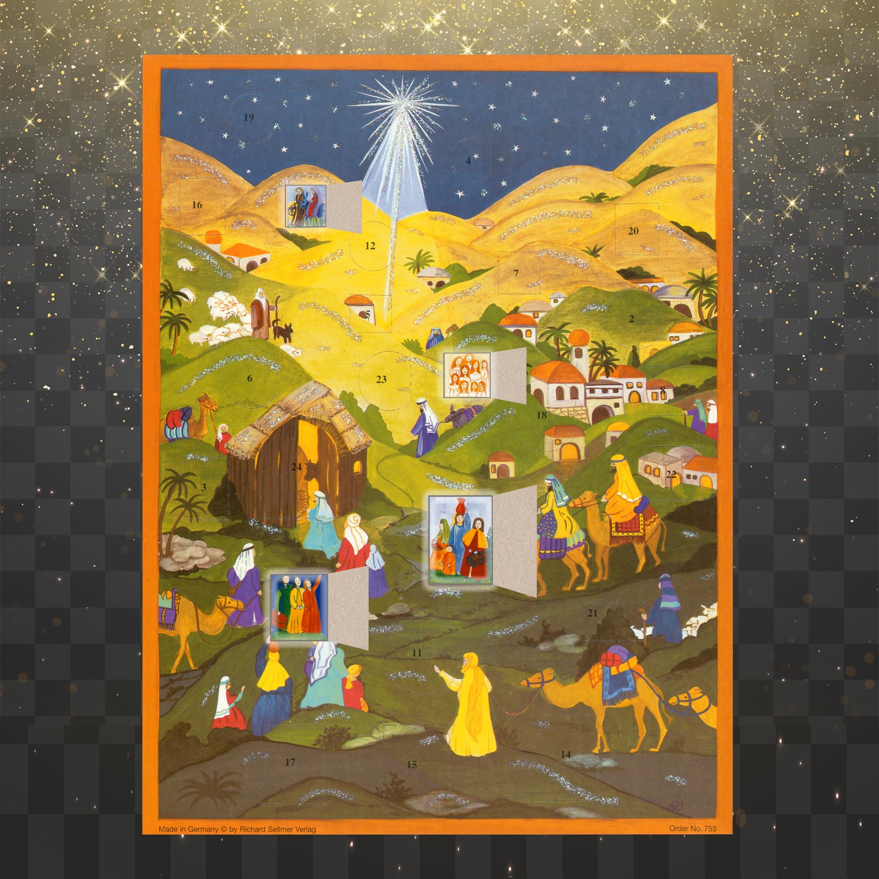 Adventskalender In den Hügeln von Bethlehem mit einigen geöffneten Türchen