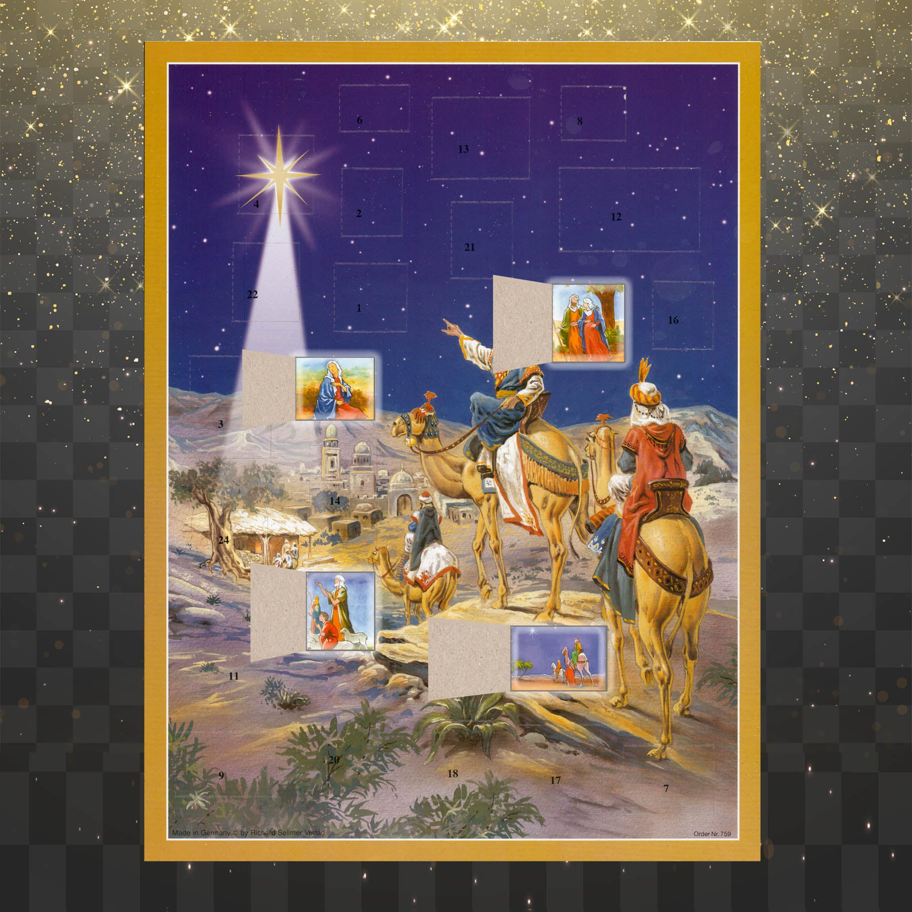Adventskalender Drei Könige folgen dem Stern mit einigen geöffneten Türchen 