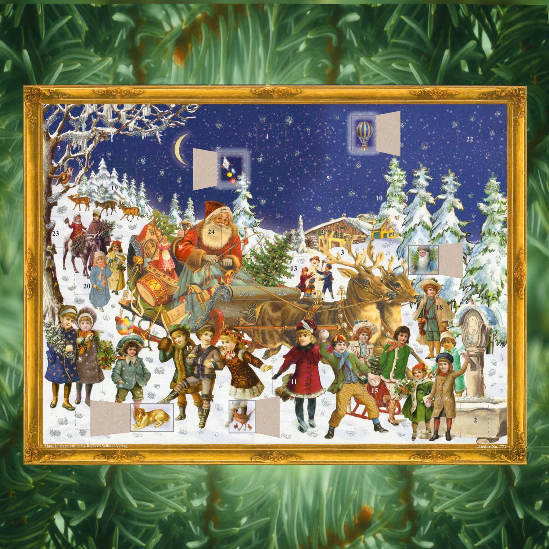 Adventskalender Weihnachtsmann im Schlitten mit einigen geöffneten Türchen