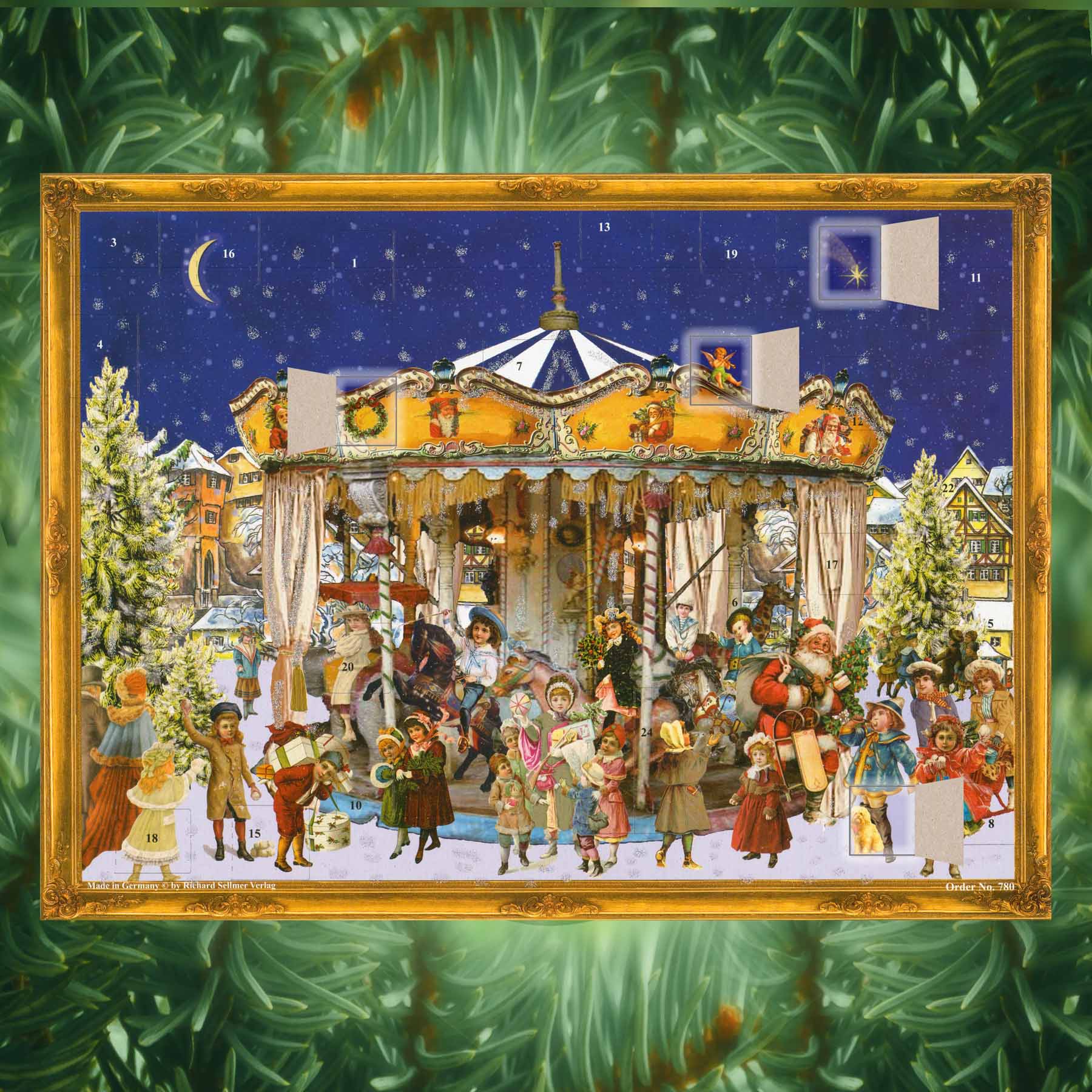 Adventskalender Karussell mit einigen geöffneten Türchen