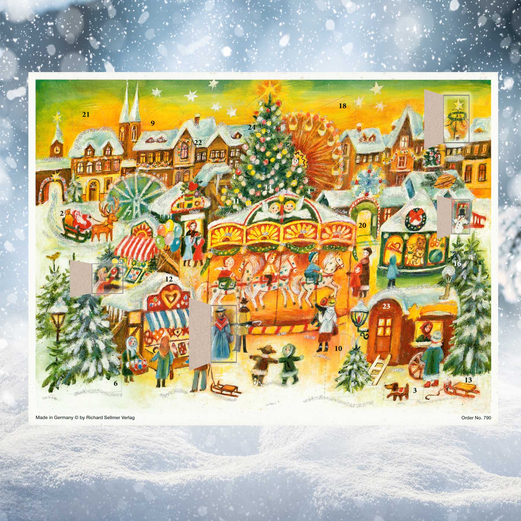 Adventskalender weihnachtlicher Jahrmarkt mit einigen geöffneten Türchen