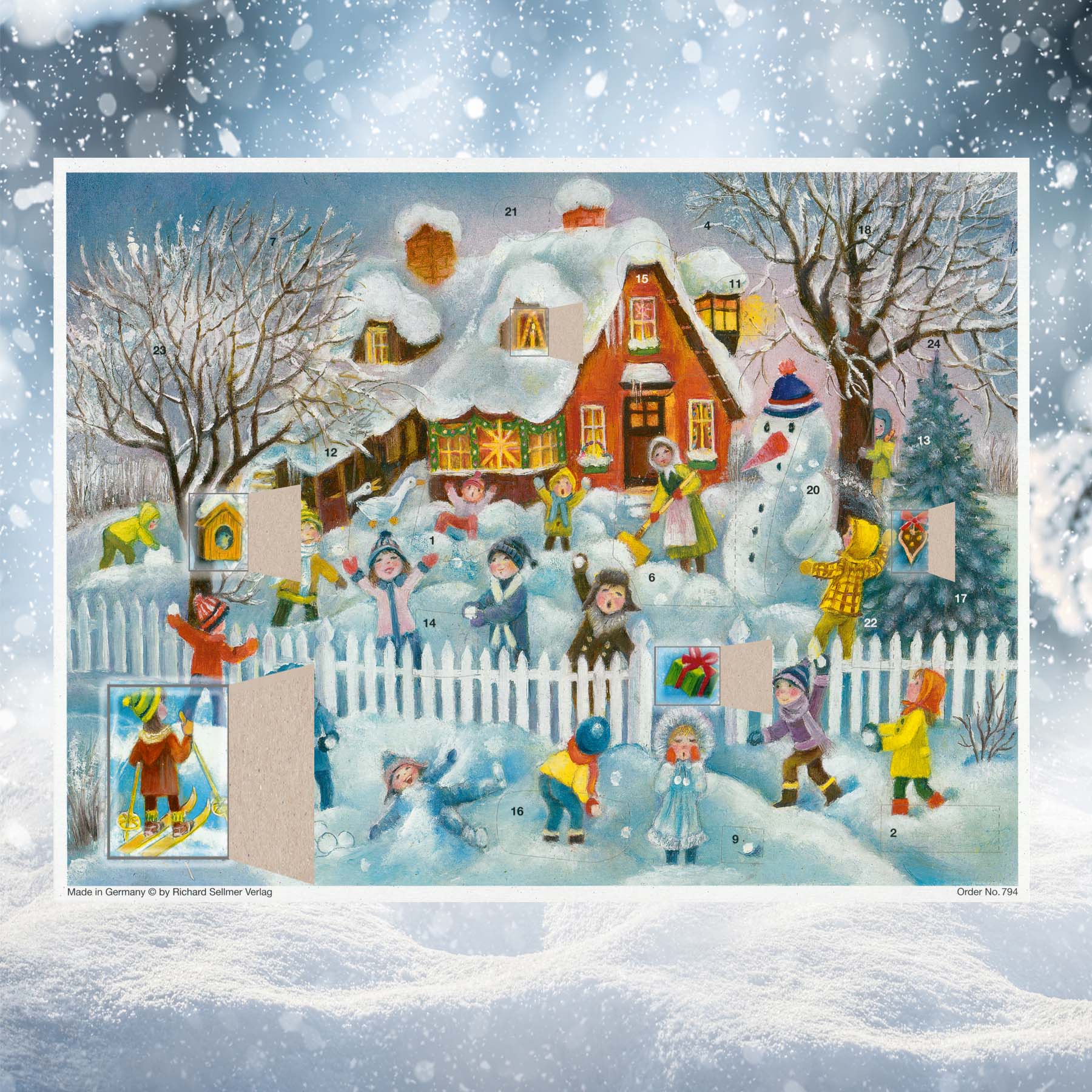Adventskalender Schneeballschlacht mit einigen geöffneten Türchen