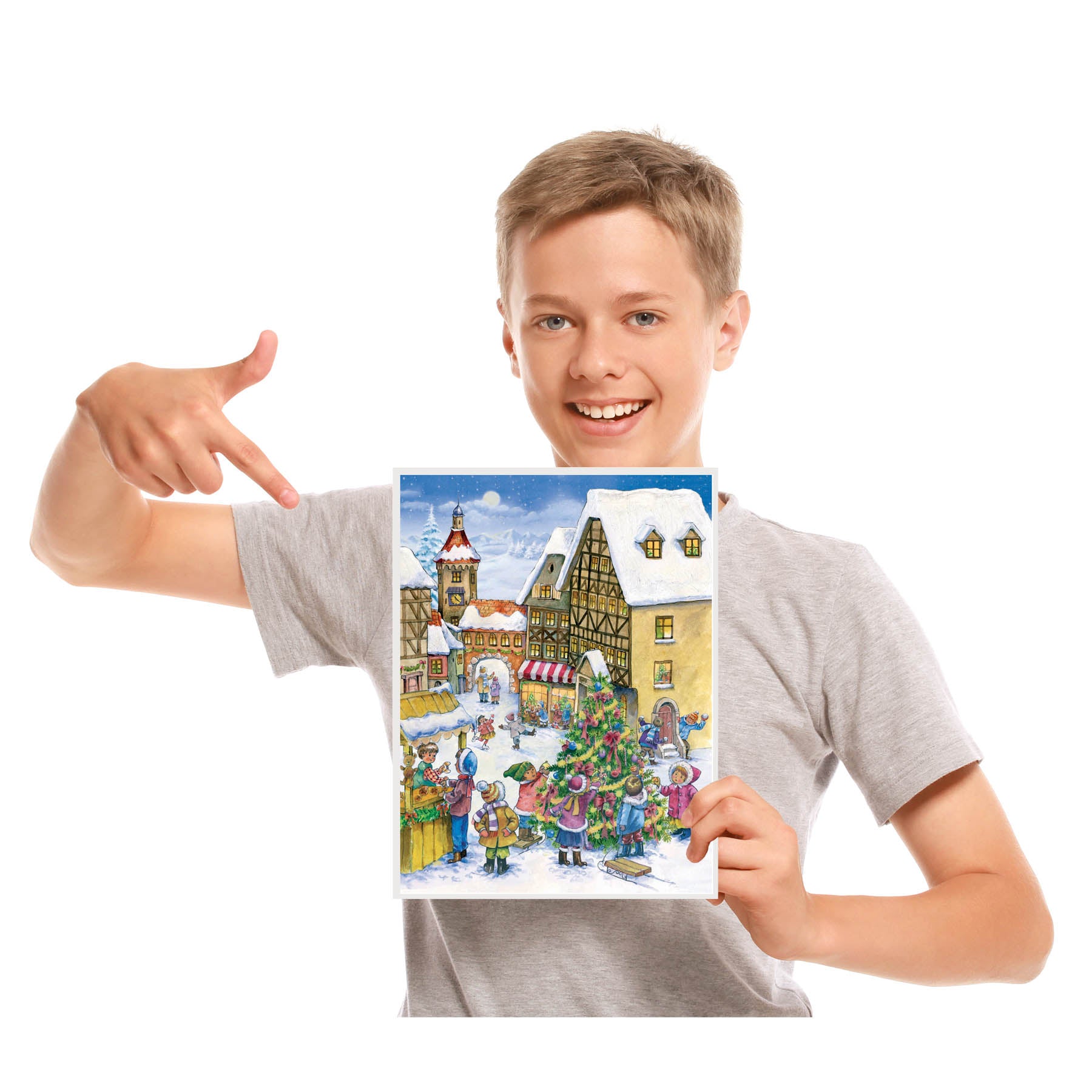 Advent calendar made of paper with pictures "Hooray the Christmas tree is up"