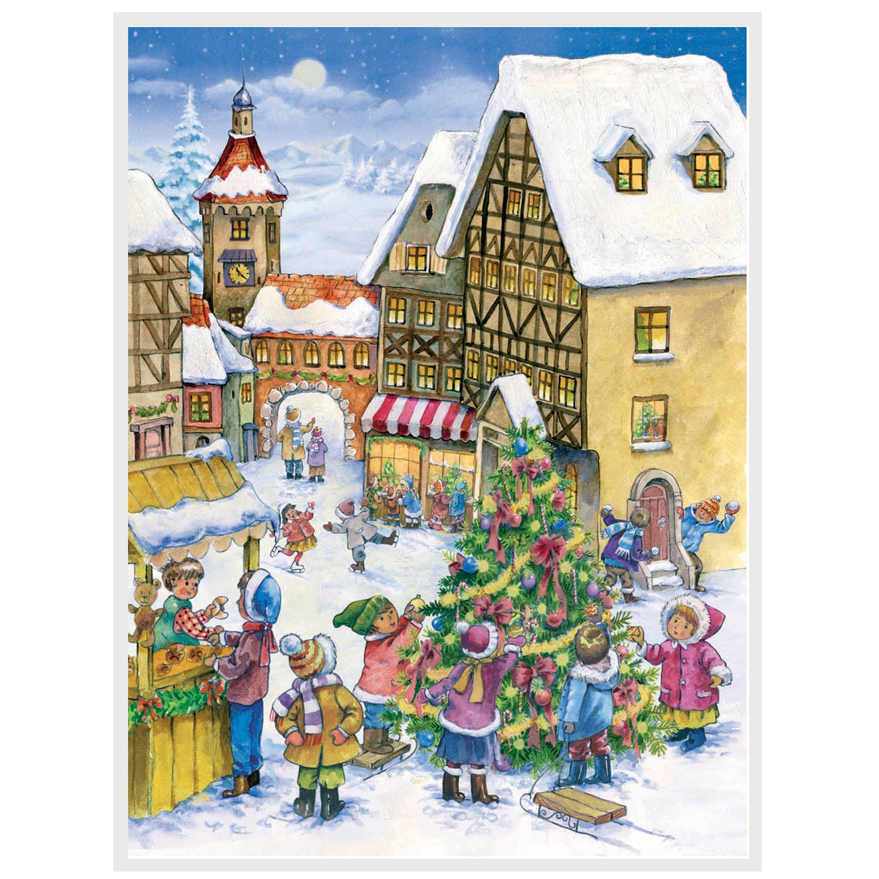 großformatiger Adventskalender hurra der Weihnachtsbaum steht