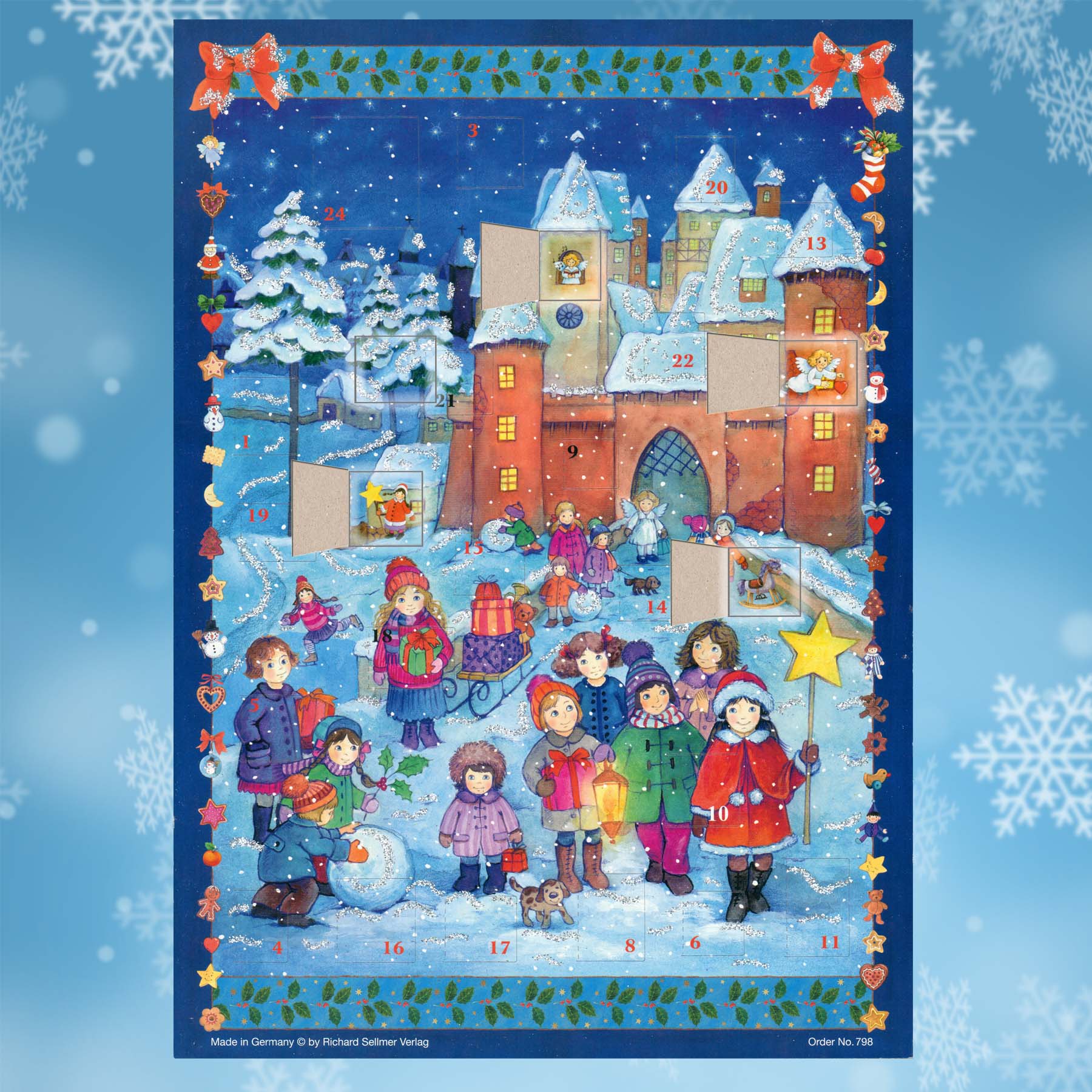 Adventskalender Kinderfreuden an der Burg mit einigen geöffneten Türchen