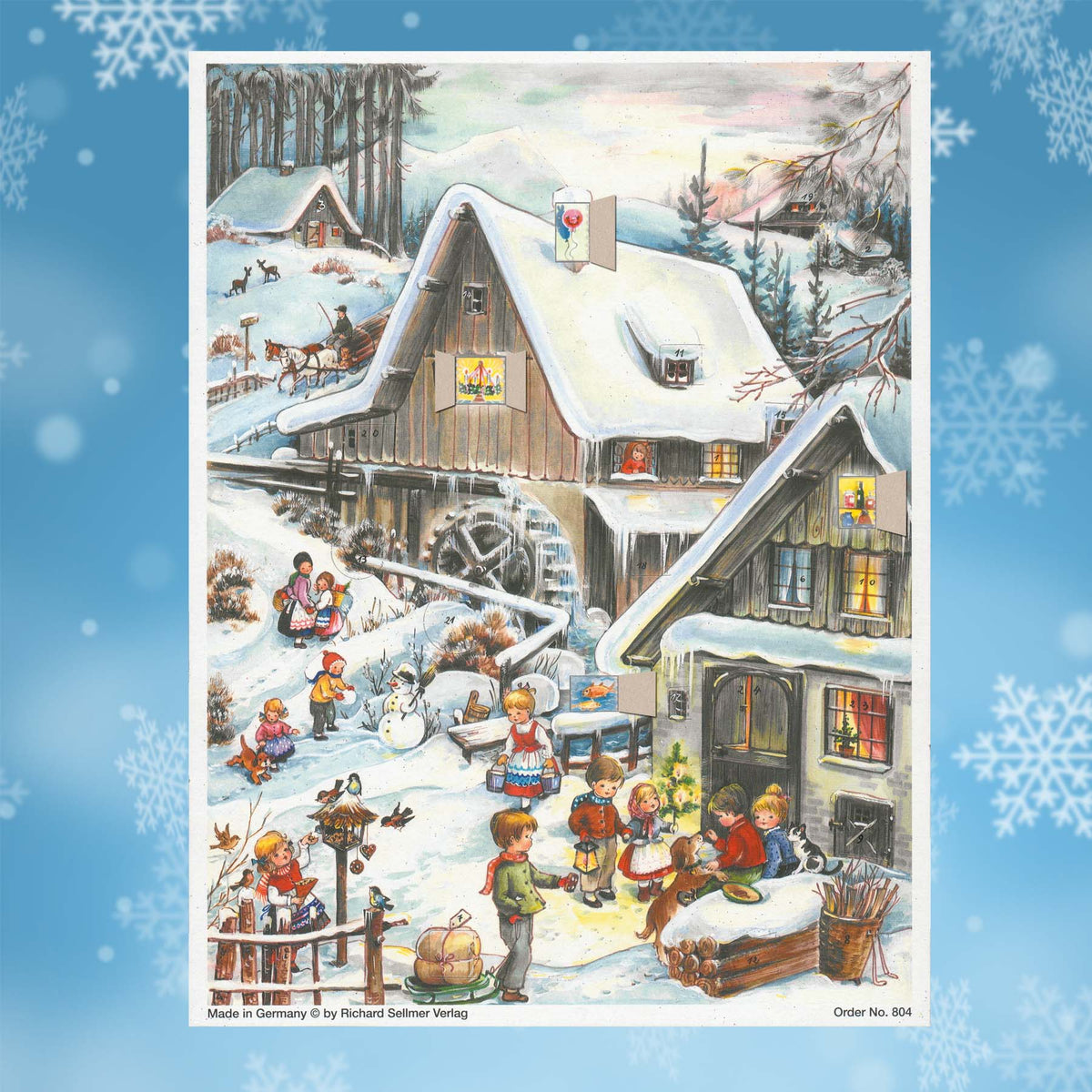 Adventskalender An der Mühe mit einigen geöffneten Türchen