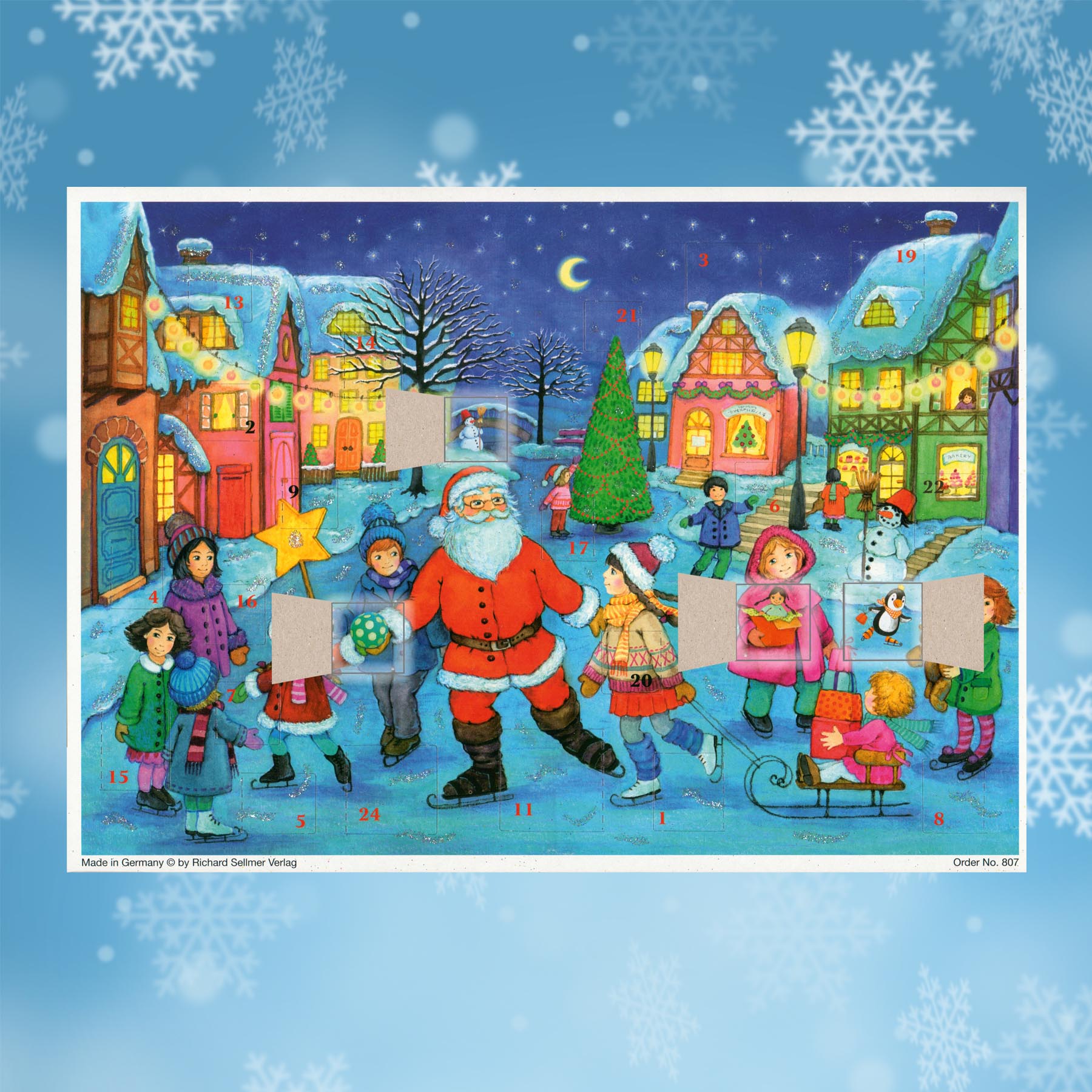Adventskalender Schlittschuhlaufen mit dem Weihnachtsmann mit einigen geöffneten Trürchen