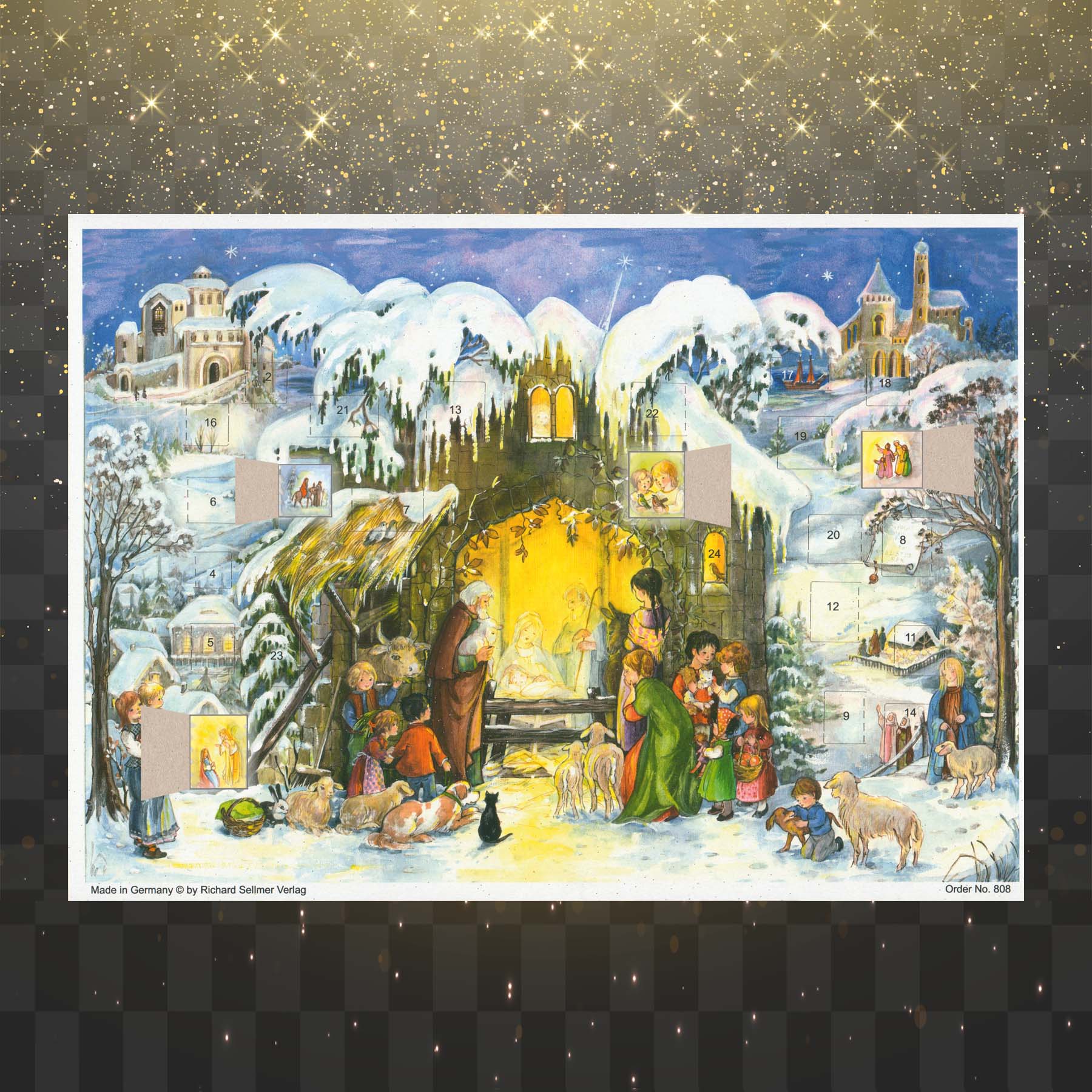 Adventskalender Jesus ist geboren mit einigen geöffneten Türchen