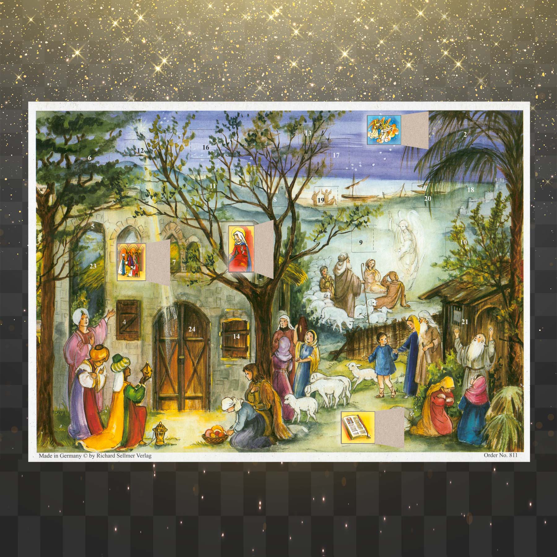 Adventskalender Stall von Bethlehem mit einigen geöffneten Türchen