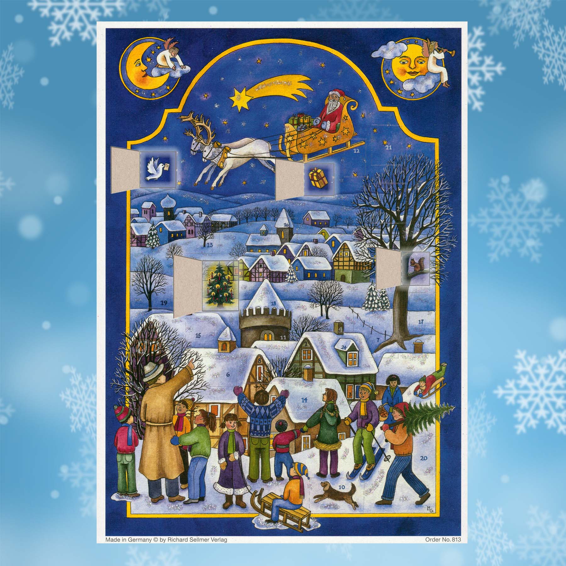 Adventskalender Nikolaus kommt mit einigen geöffneten Türchen