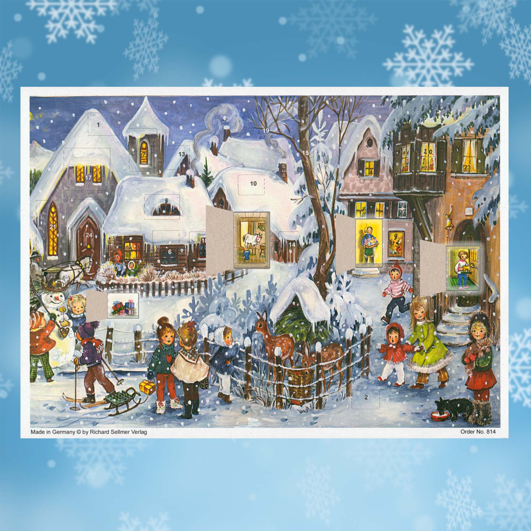 Adventskalender es schneit mit einigen geöffneten Türchen