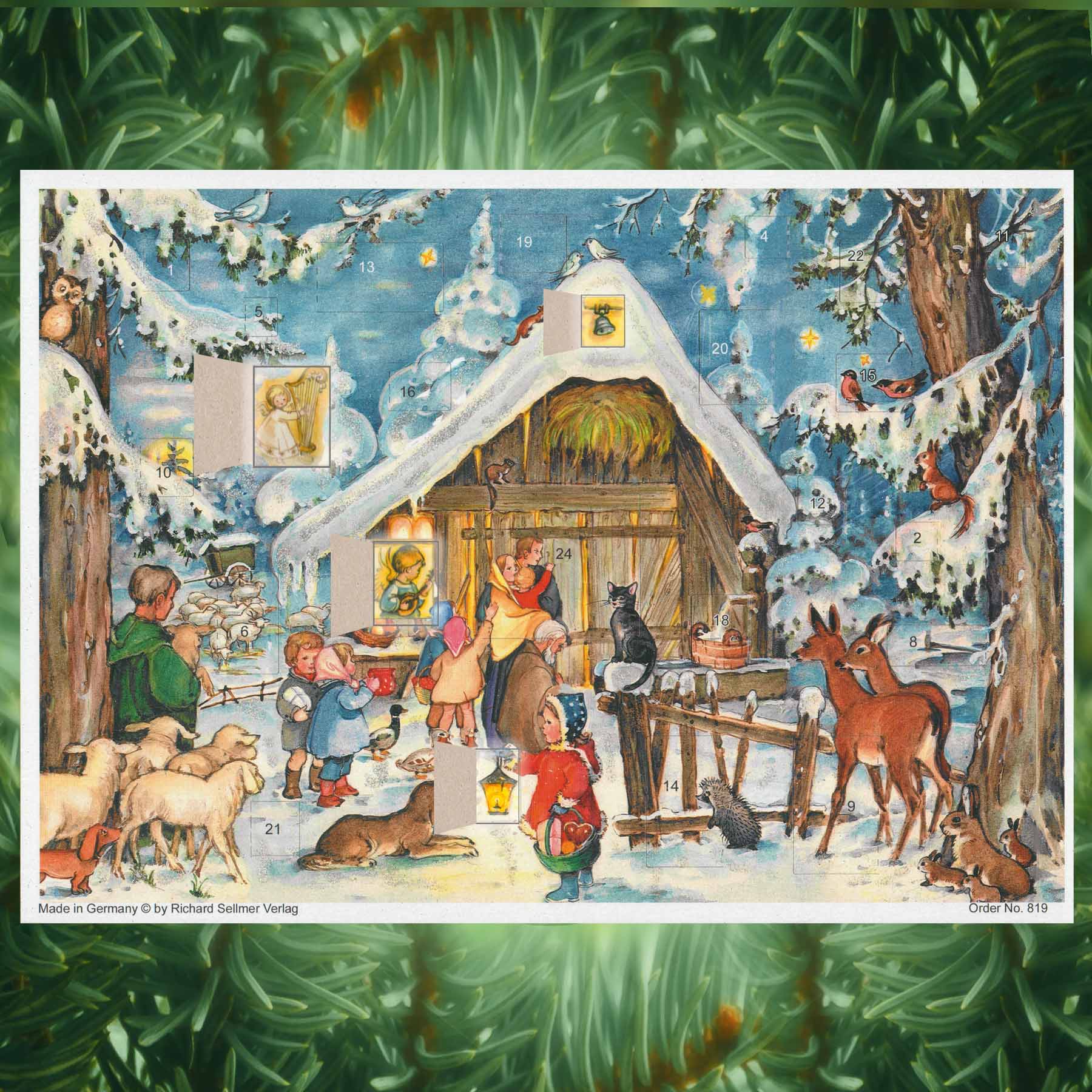 Adventskalender "Stall" mit einigen geöffneten Türchen