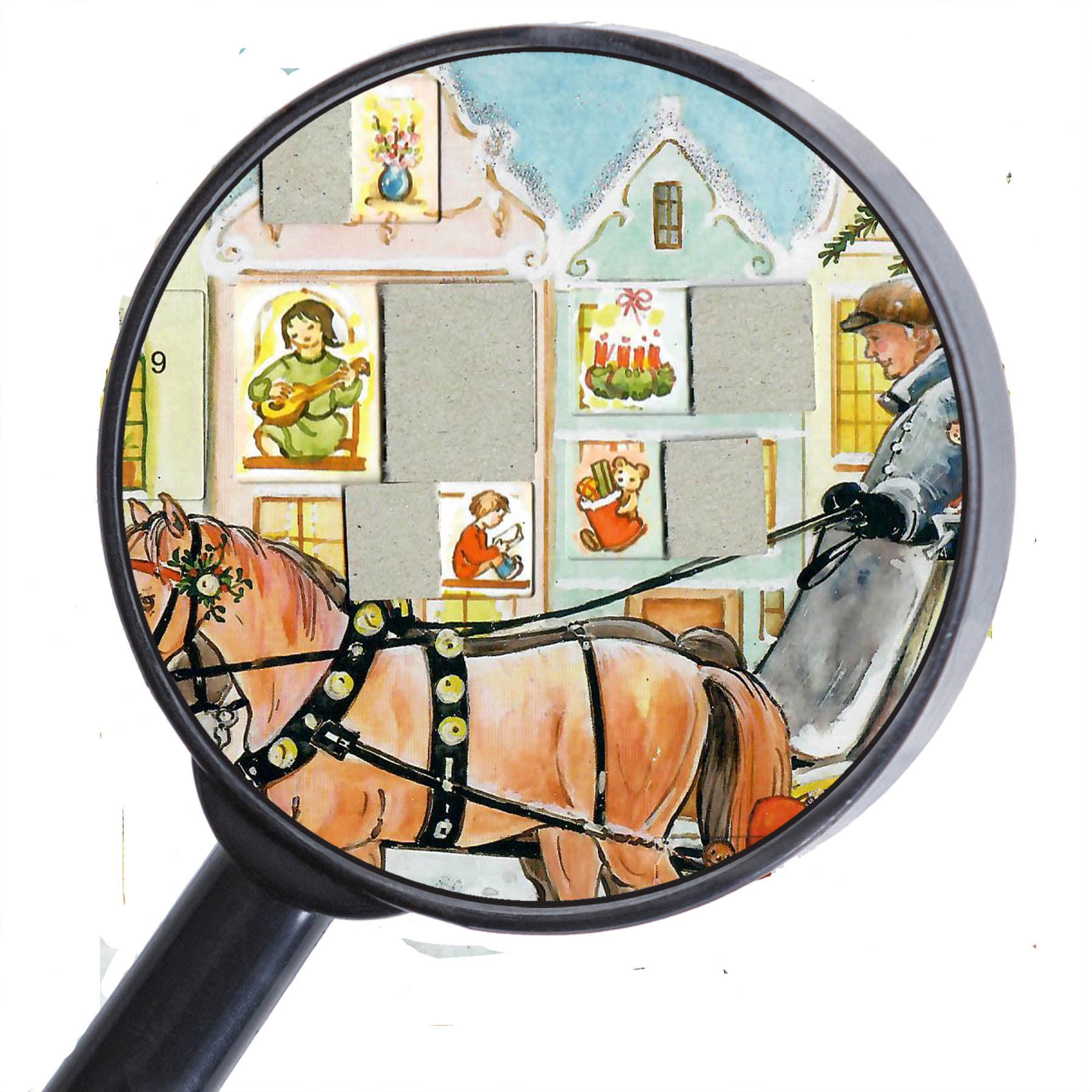 Lupenausschnitt des Adventskalenders Postkutsche