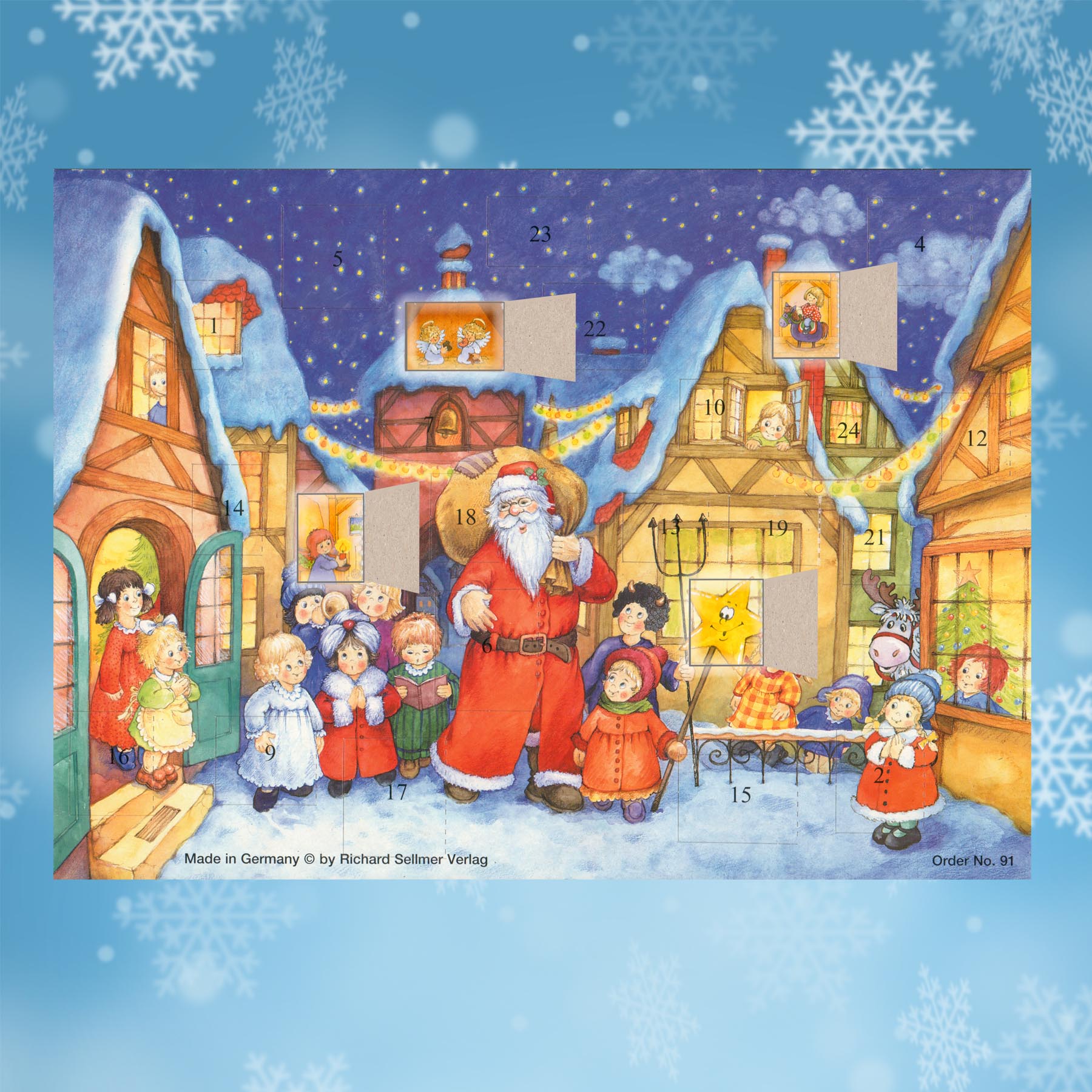Adventskalender der Weihnachtsmann kommt in die Stadt mit einigen geöffneten Türchen