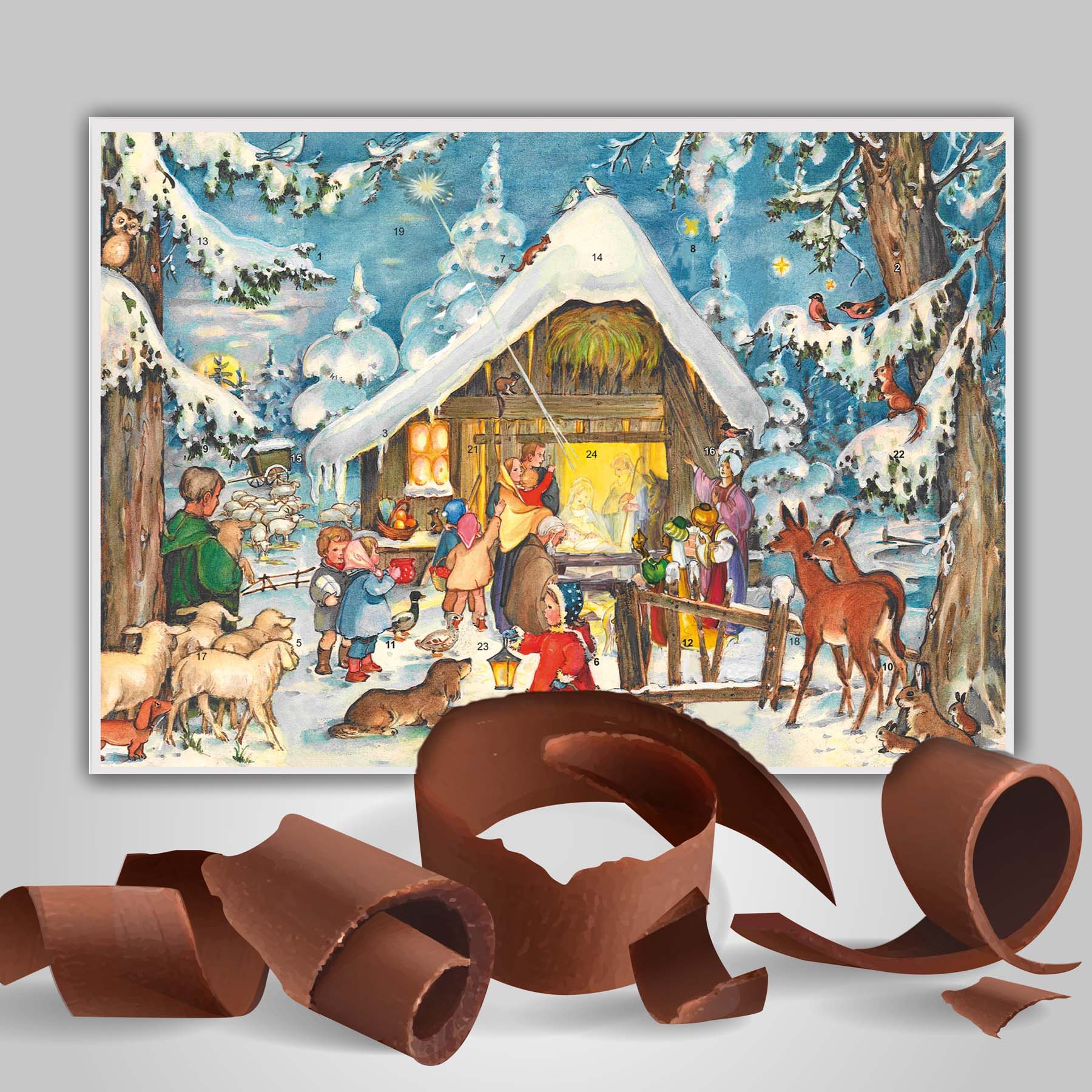 Calendario dell'Avvento di cioccolato „Alla stalla“