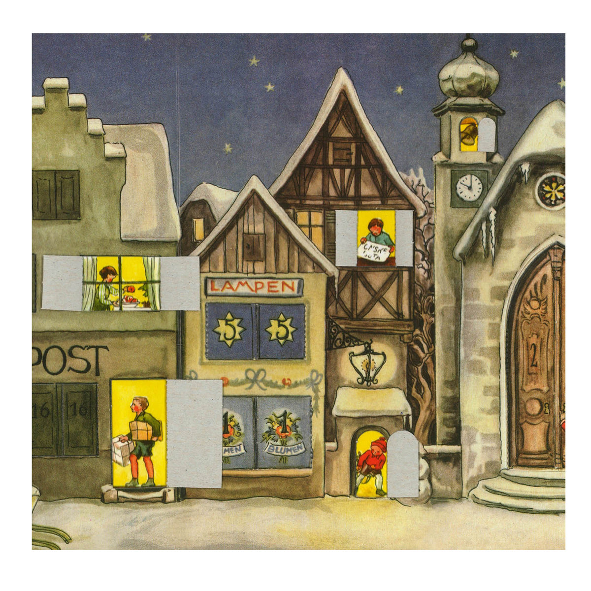 Adventskalender aus Papier "Die kleine Stadt"  - geöffnete Türchen